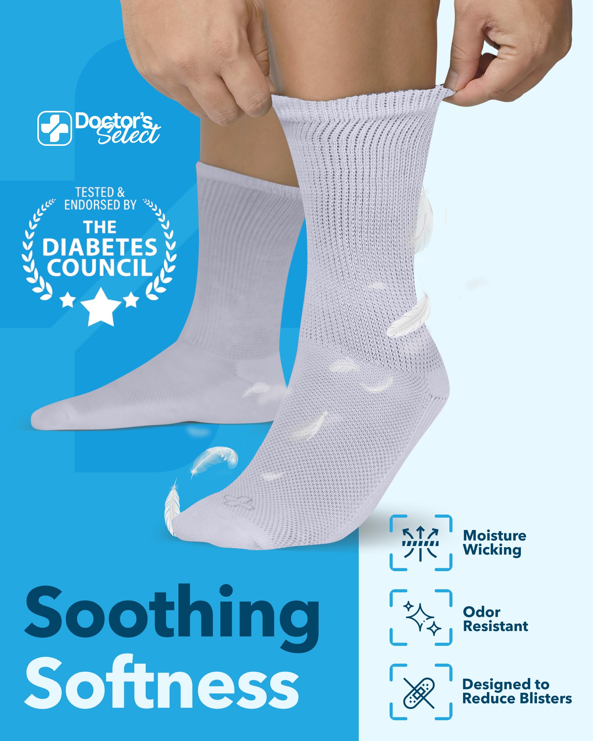 Doctor's Select diabetic crew socks white elastic band secure non-slip fit.