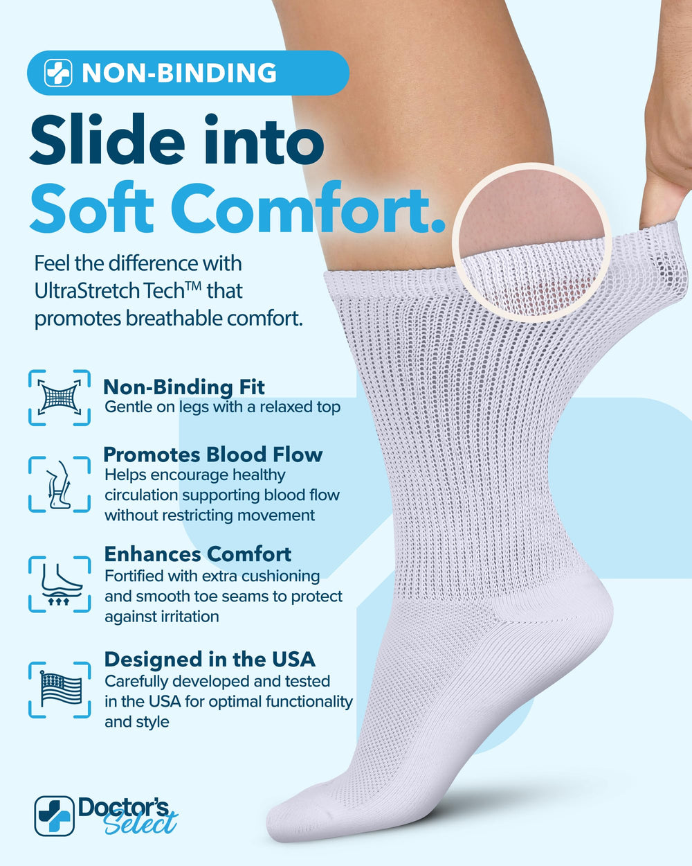 Doctor's Select diabetic crew socks white fabric weave breathable all-day wear.