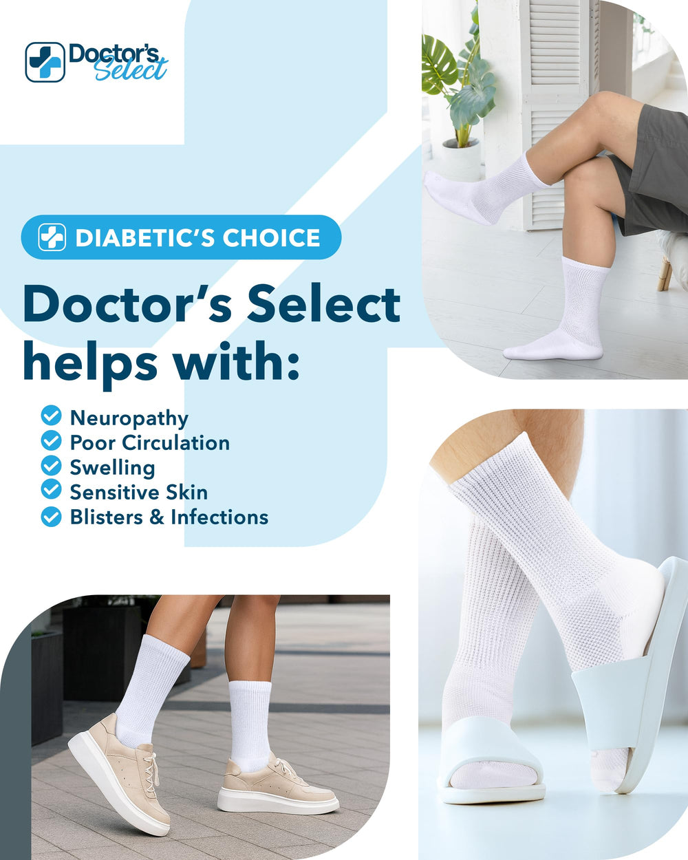 Doctor's Select diabetic crew socks white reinforced heel durable daily wear.
