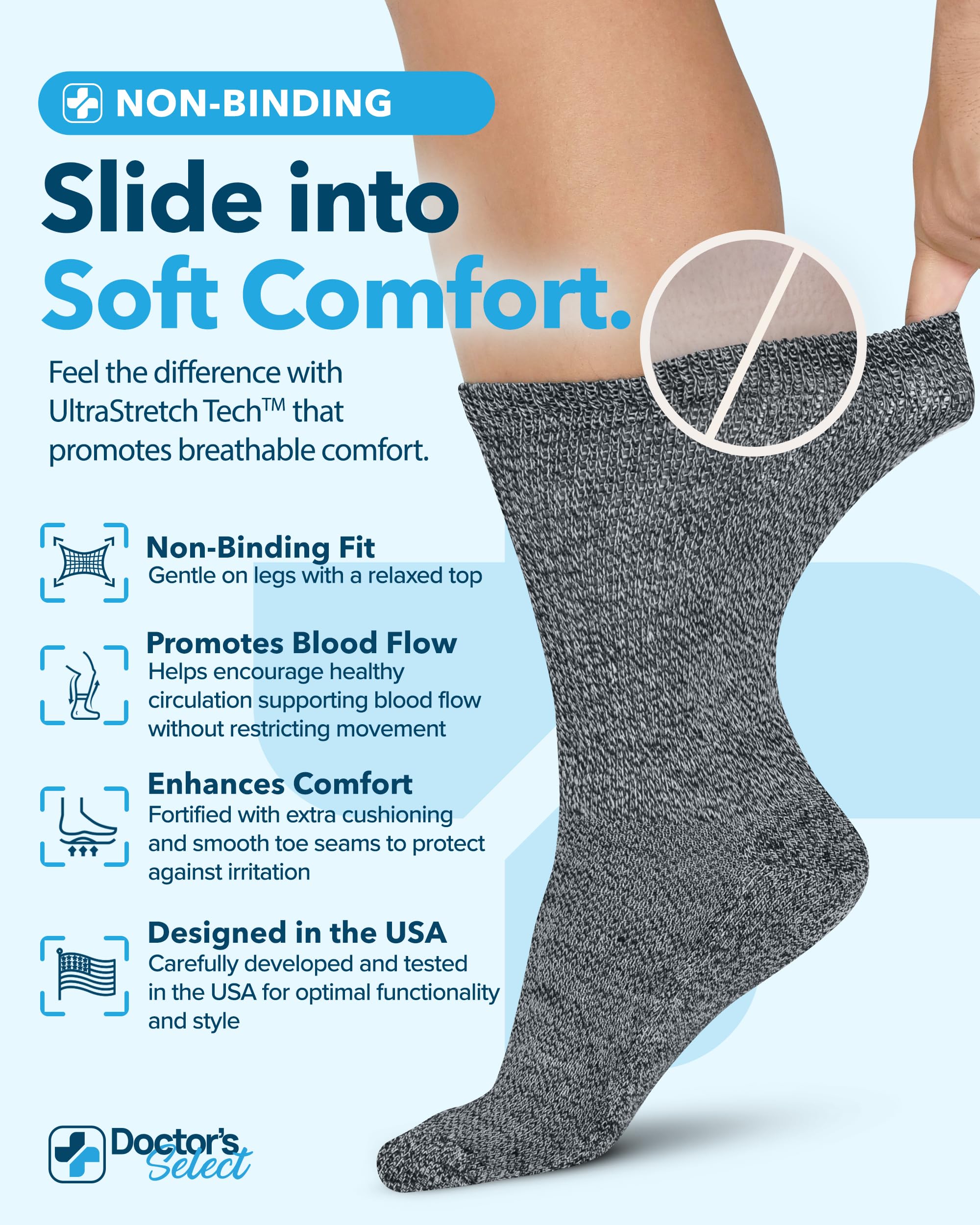 Doctor's Select diabetic socks grey close-up showing breathable fabric for day-long dryness