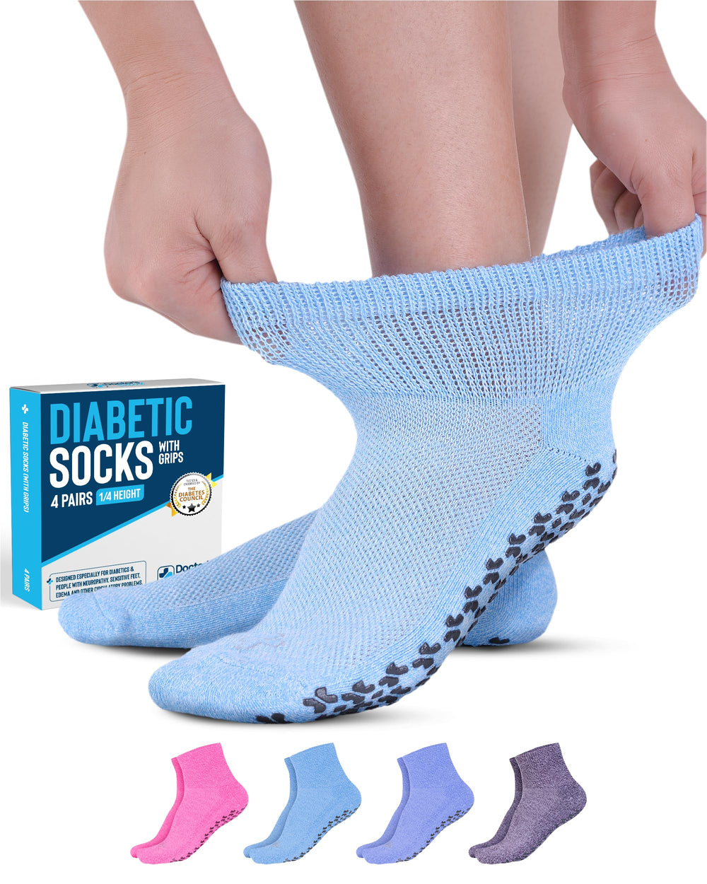 Doctor's Select diabetic socks with grips in light blue provide stable traction on smooth floors