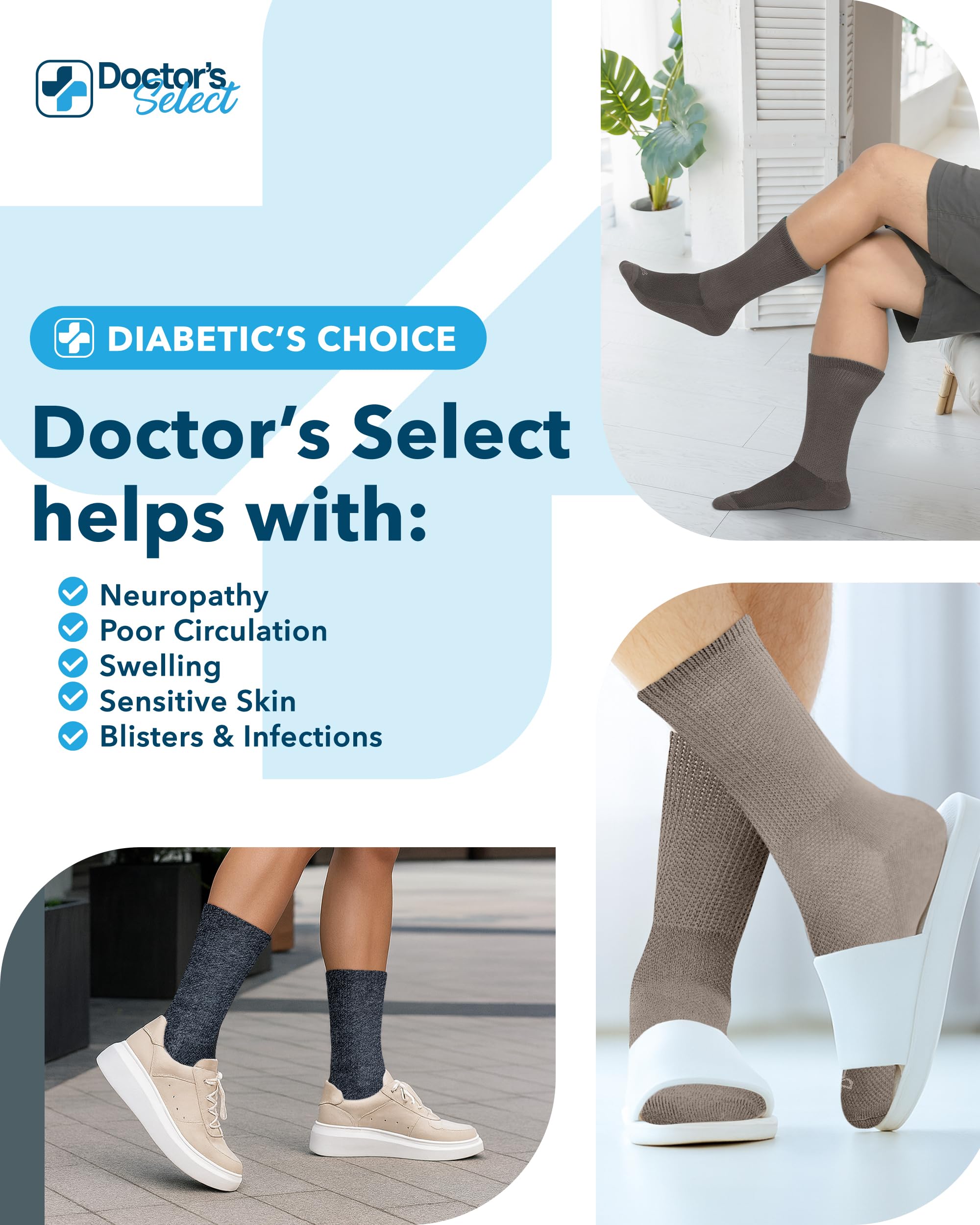 Feet wearing Doctor's Select diabetic crew socks in brown, all-day comfort in action.