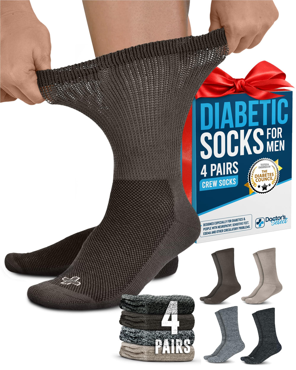 Doctor's Select diabetic socks for men in brown package, four-pair set for everyday comfort.