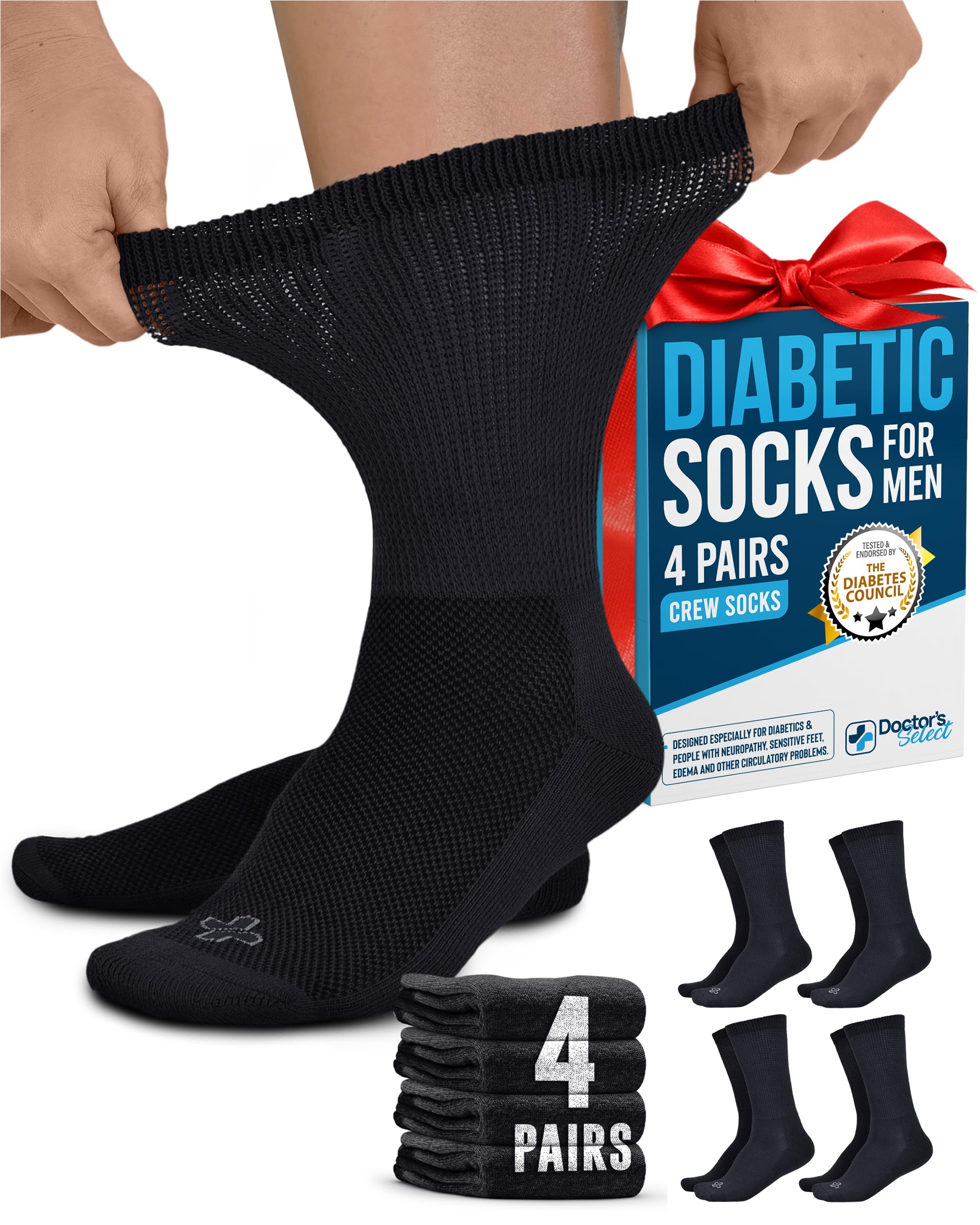 Doctors Select diabetic socks for men, crew black, 4 pairs, comfort for swollen feet all day.