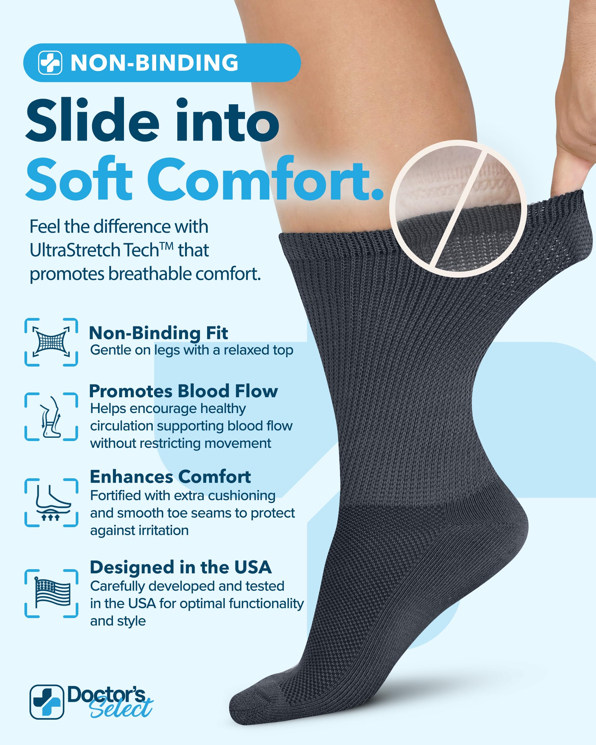 Doctor's Select diabetic socks for men in gray with breathable, moisture-wicking design