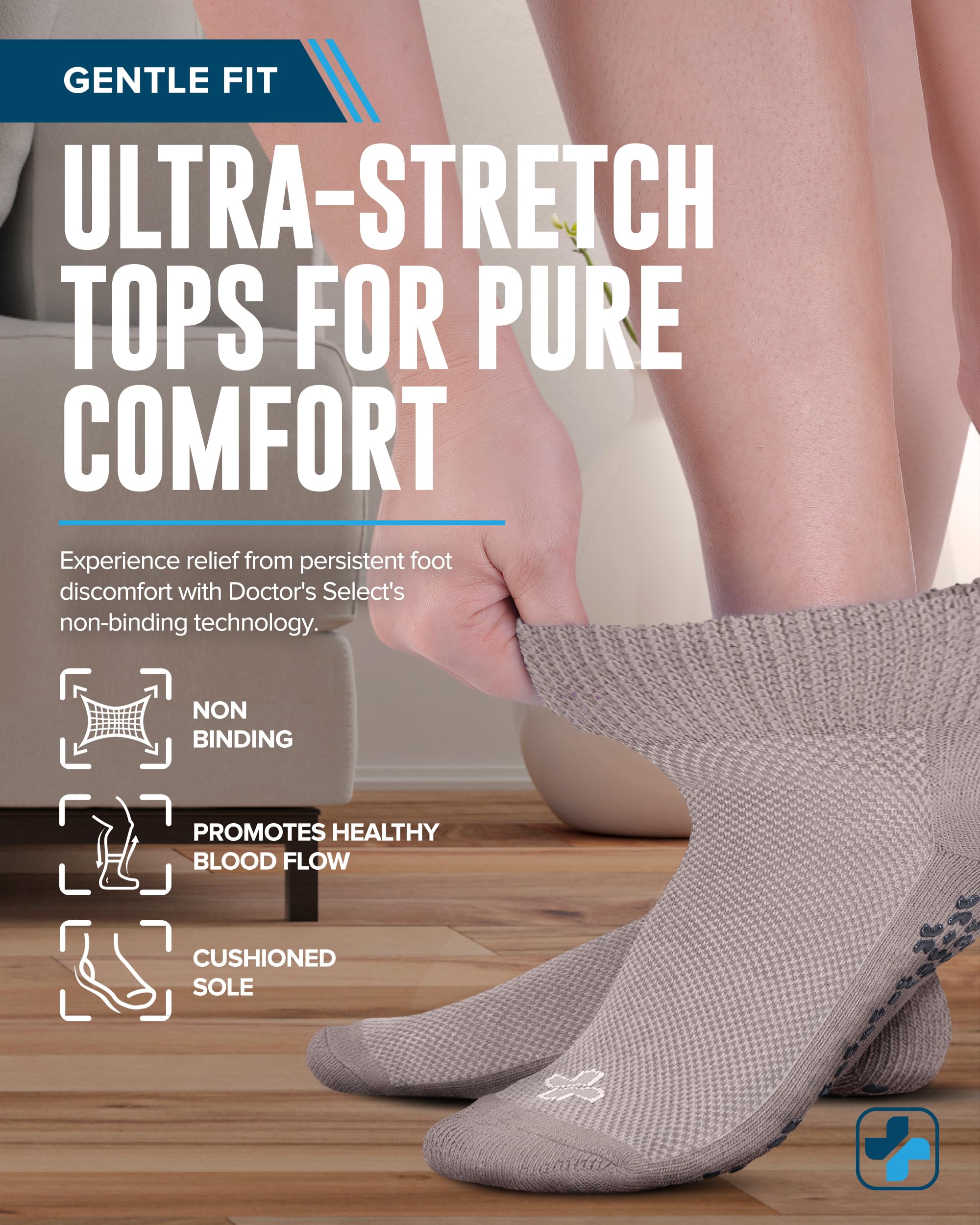 Model wearing Doctor's Select diabetic socks for all-day comfort and secure grip