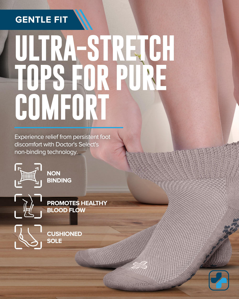 Model wearing Doctor's Select diabetic socks for all-day comfort and secure grip