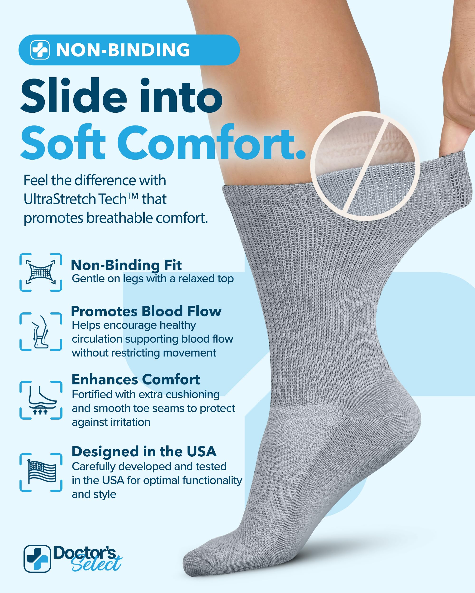 Doctors' Select diabetic socks with moisture-wicking design keep feet dry daily.