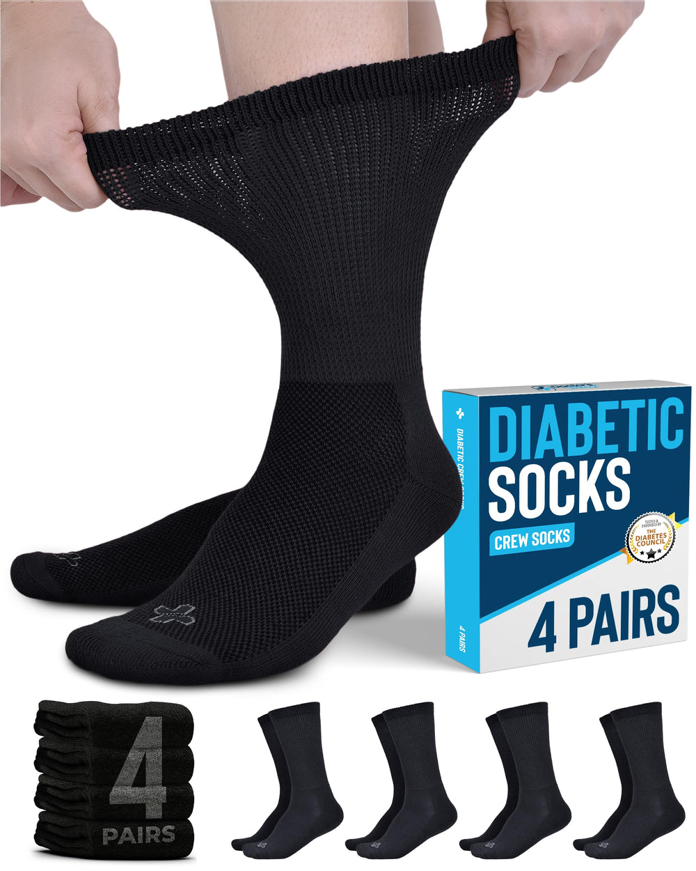 Doctor's Select diabetic socks pack with non-binding cuff for all-day comfort.