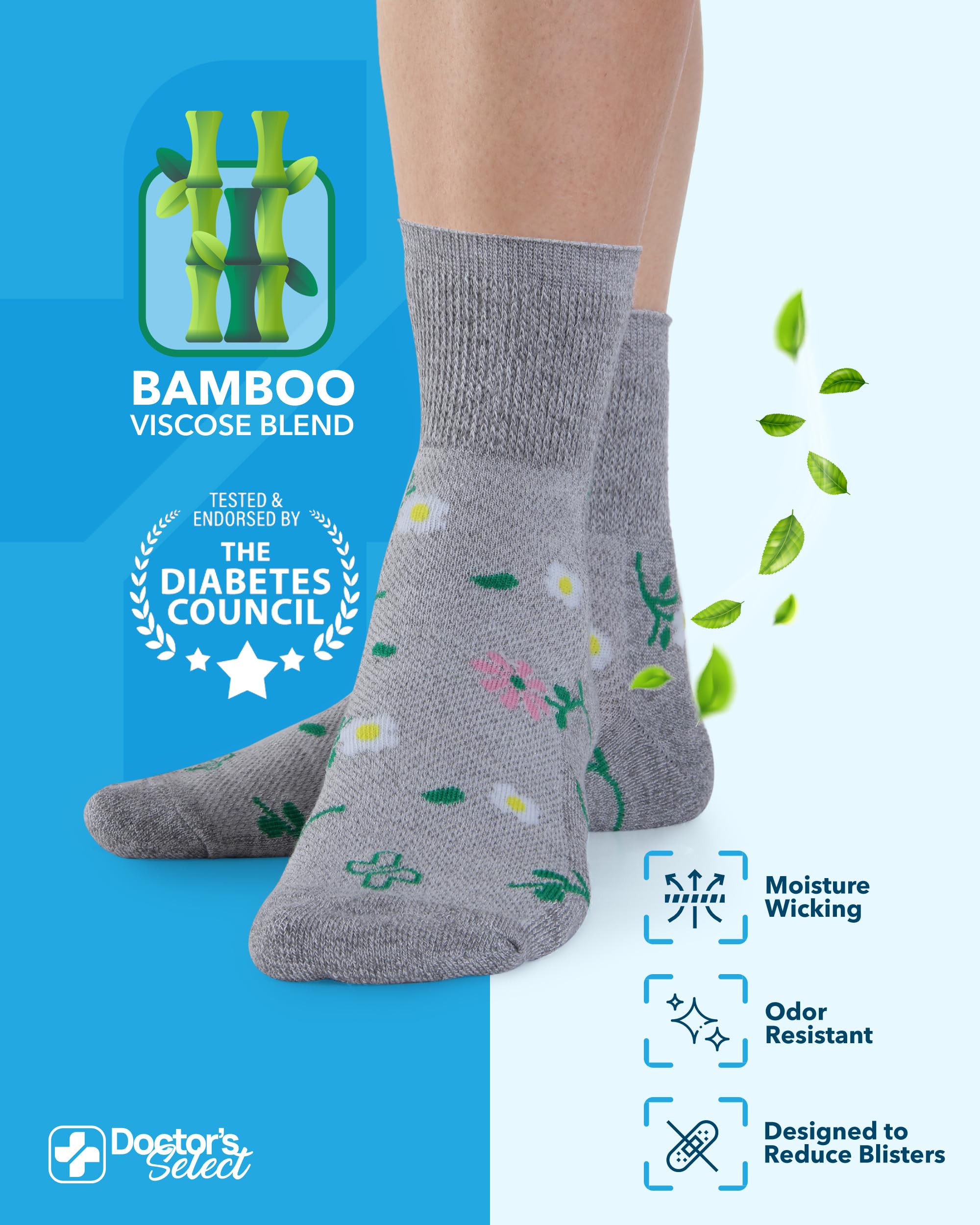Doctor's Select diabetic socks feature smooth toe seams to minimize irritation during daily use.