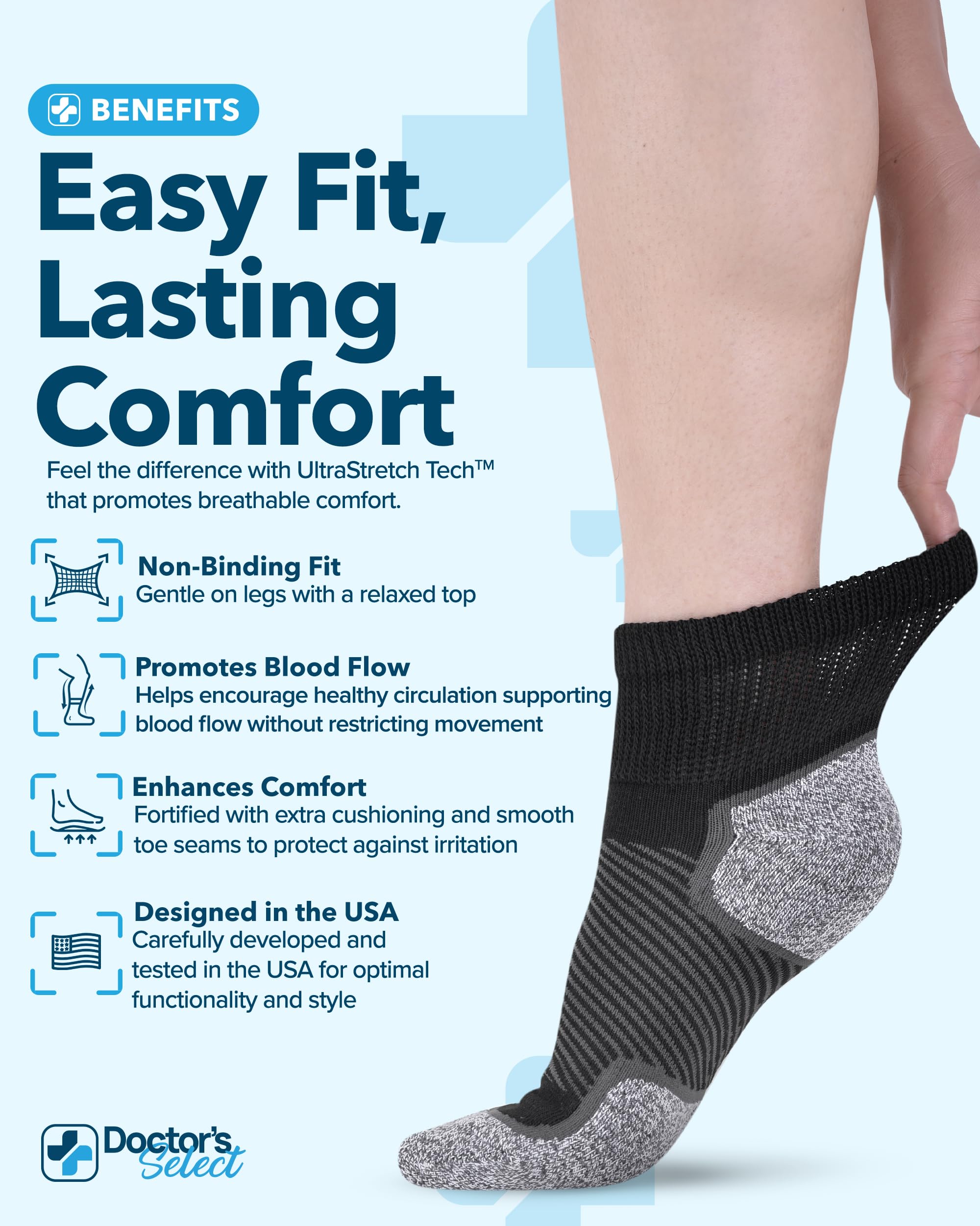 Doctor's Select diabetic socks soft cotton weave for gentle skin contact.