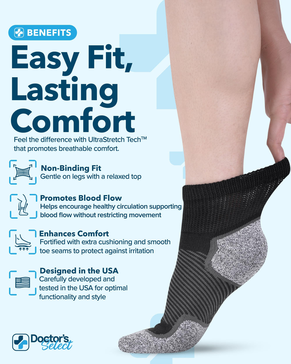 Doctor's Select diabetic socks soft cotton weave for gentle skin contact.