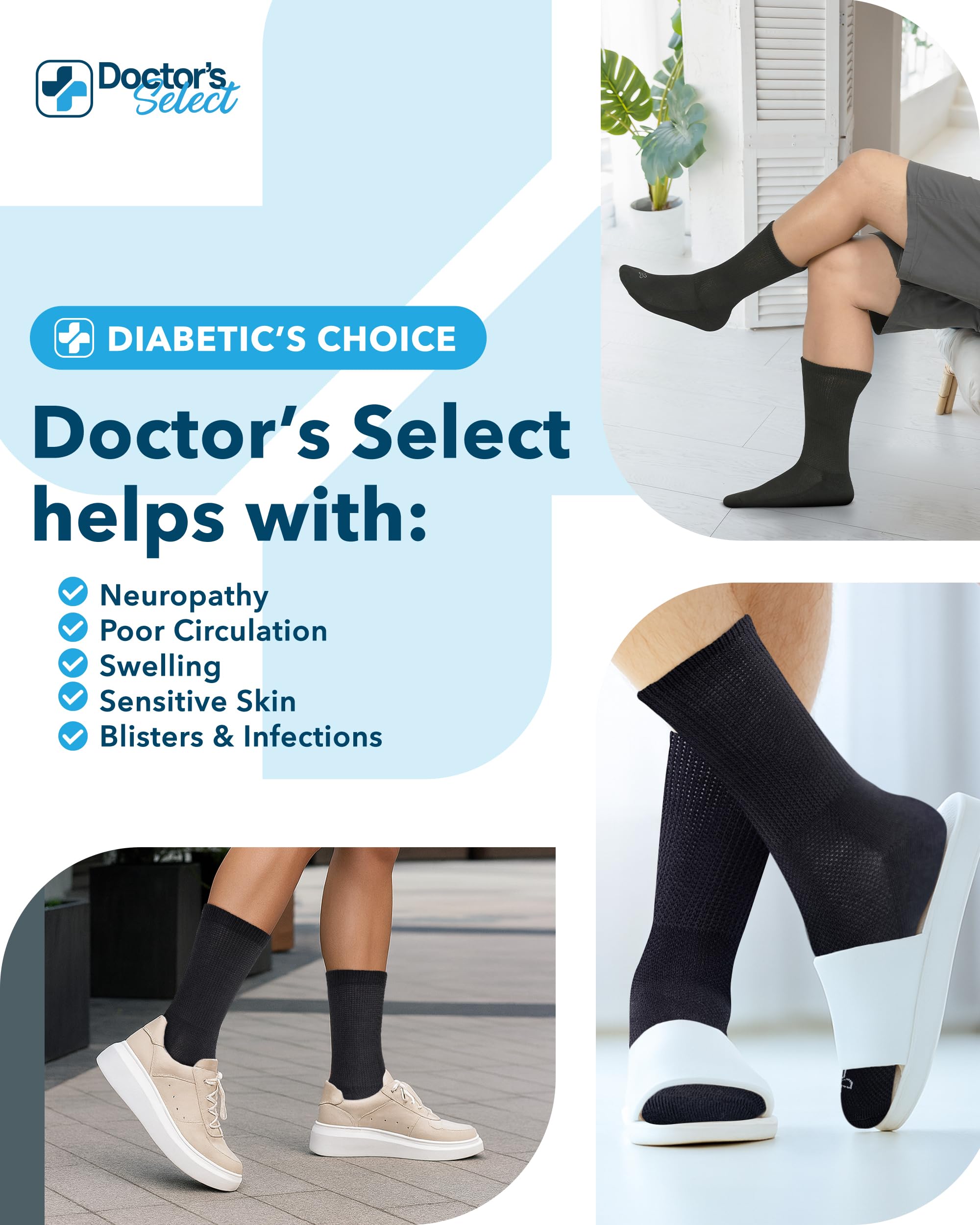 Doctors Select diabetic socks with wide size range for various foot profiles.