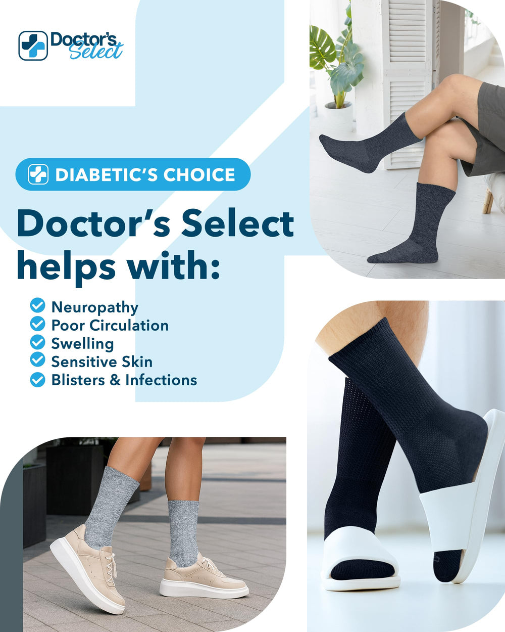 Doctor's Select comfort-on-feet diabetic crew socks for all-day wear with non-binding support.