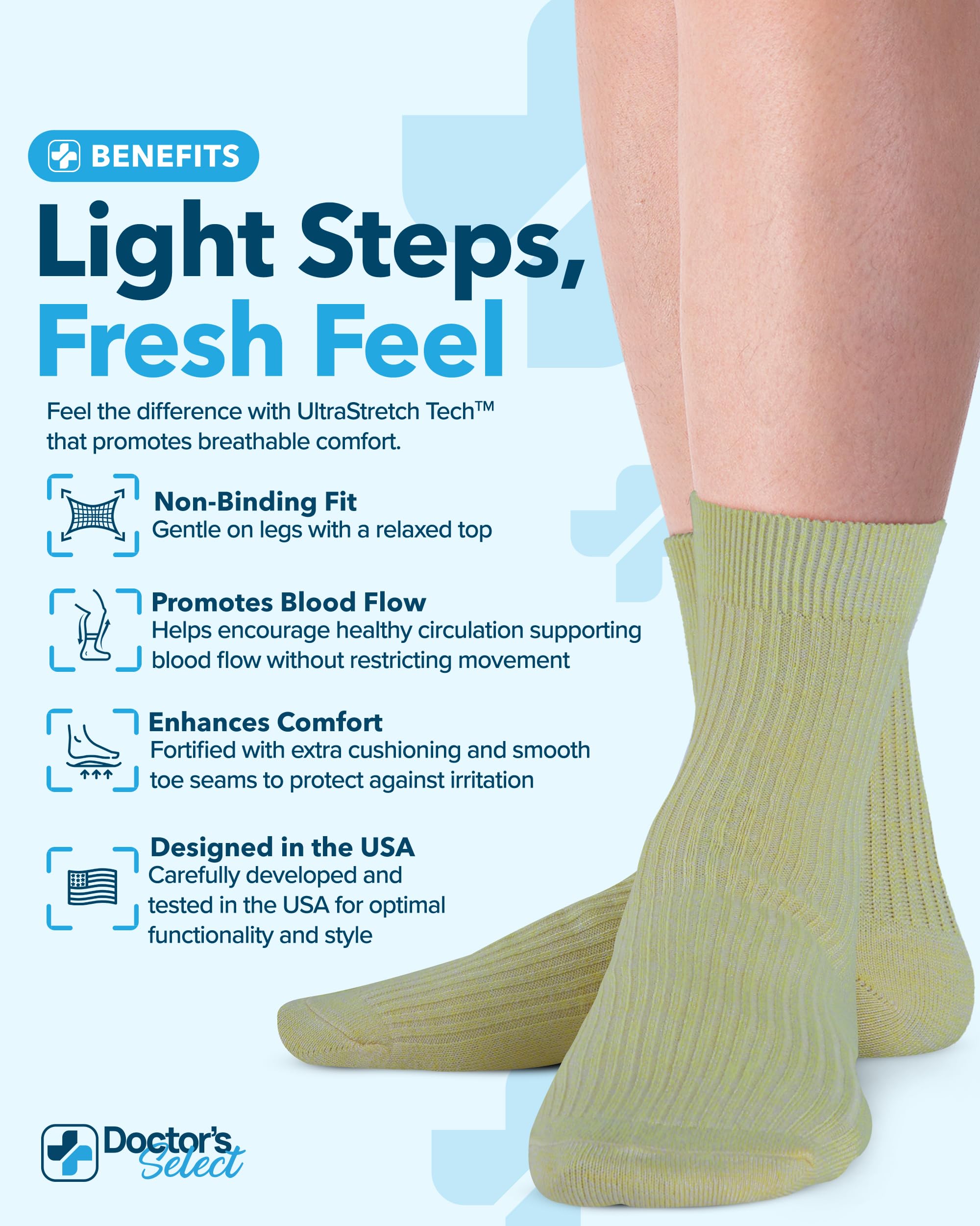 Doctor's Select non-binding wide-top diabetic socks for gentle pressure relief and secure fit.