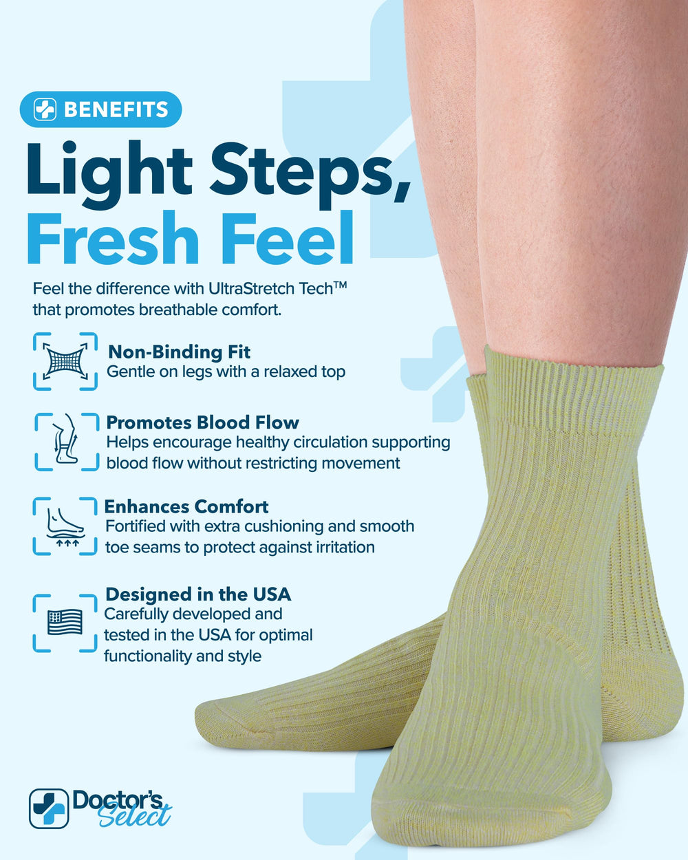 Doctor's Select non-binding wide-top diabetic socks for gentle pressure relief and secure fit.