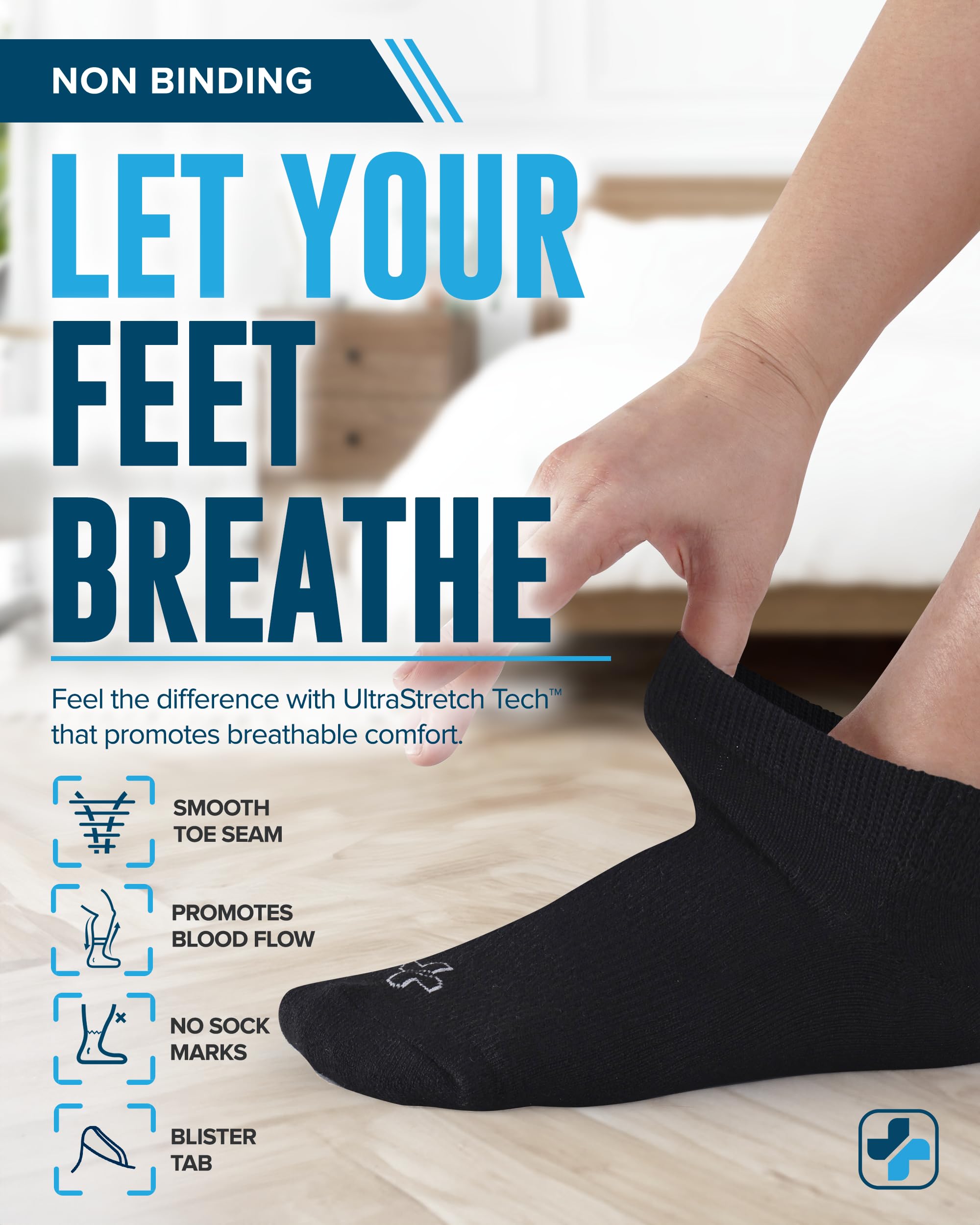 Doctors Select smooth toe seam close-up, reducing irritation for sensitive feet.