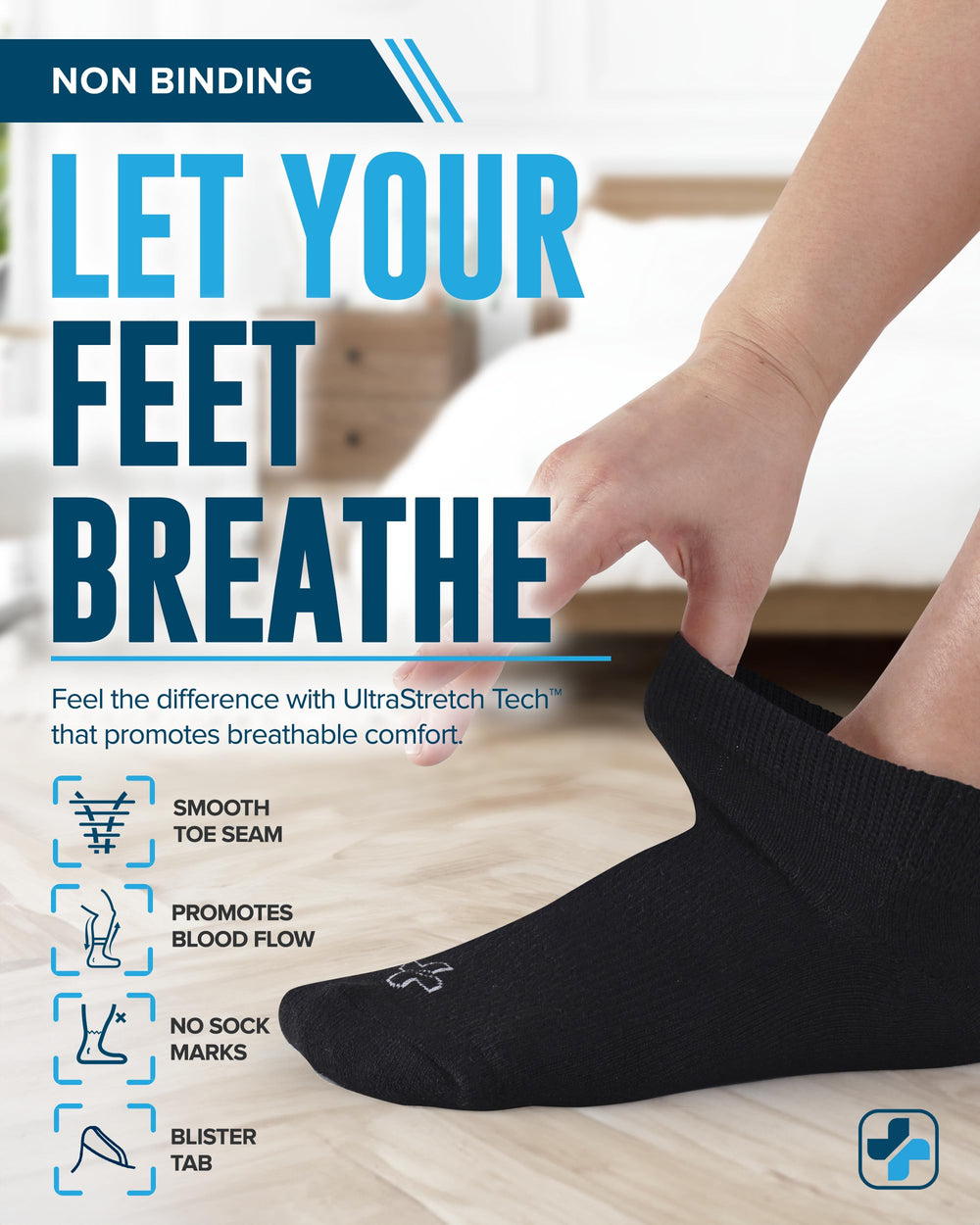 Doctors Select smooth toe seam close-up, reducing irritation for sensitive feet.