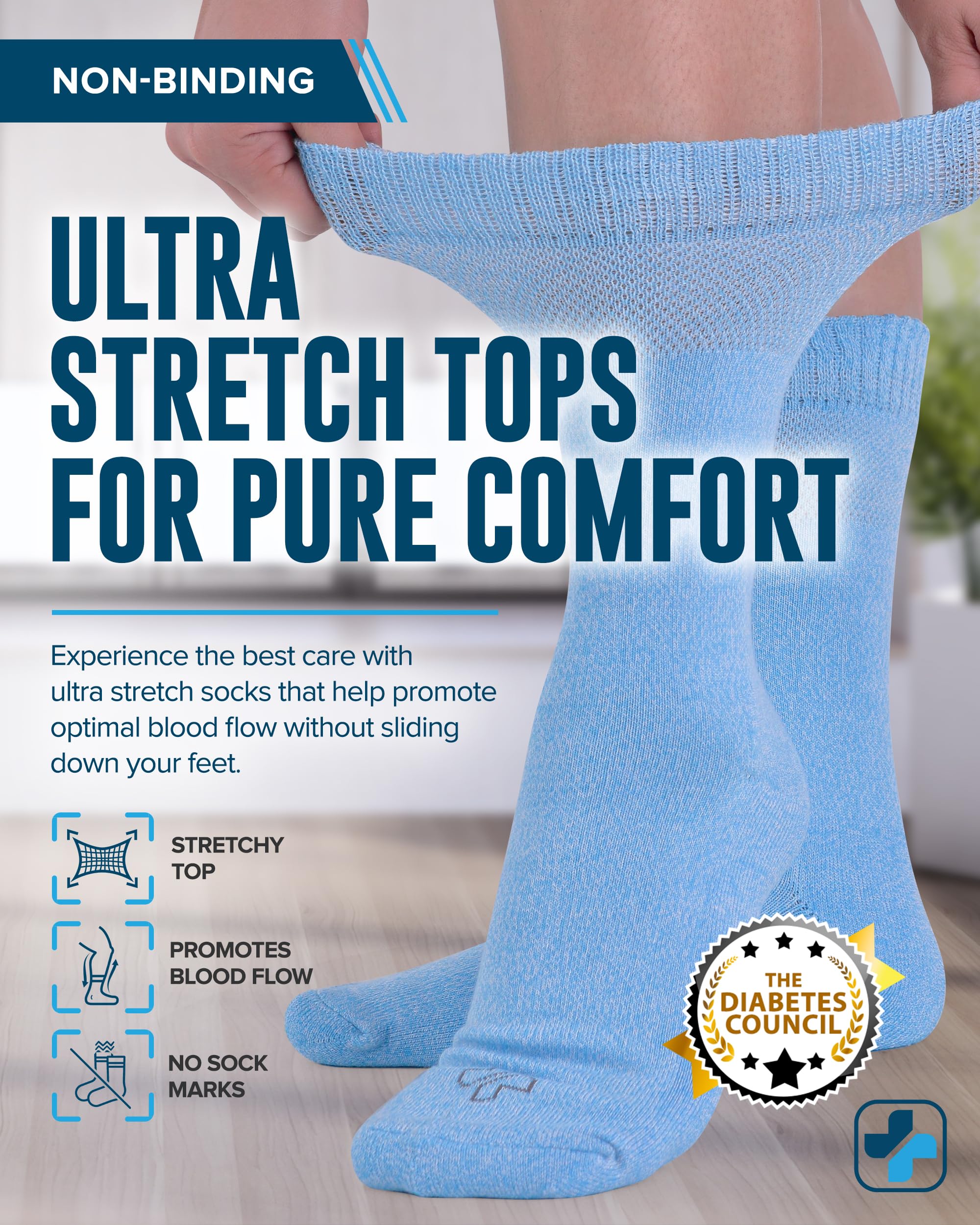 Doctor's Select soft-top diabetic socks close-up shows gentle compression and non-binding top.