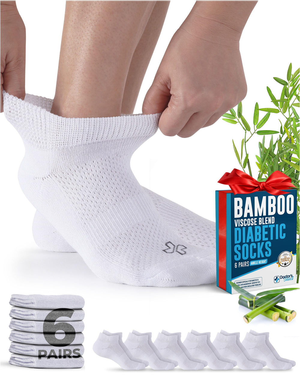 Doctor's Select viscose bamboo ankle socks pack front shows unisex 6-pair set for all-day comfort.