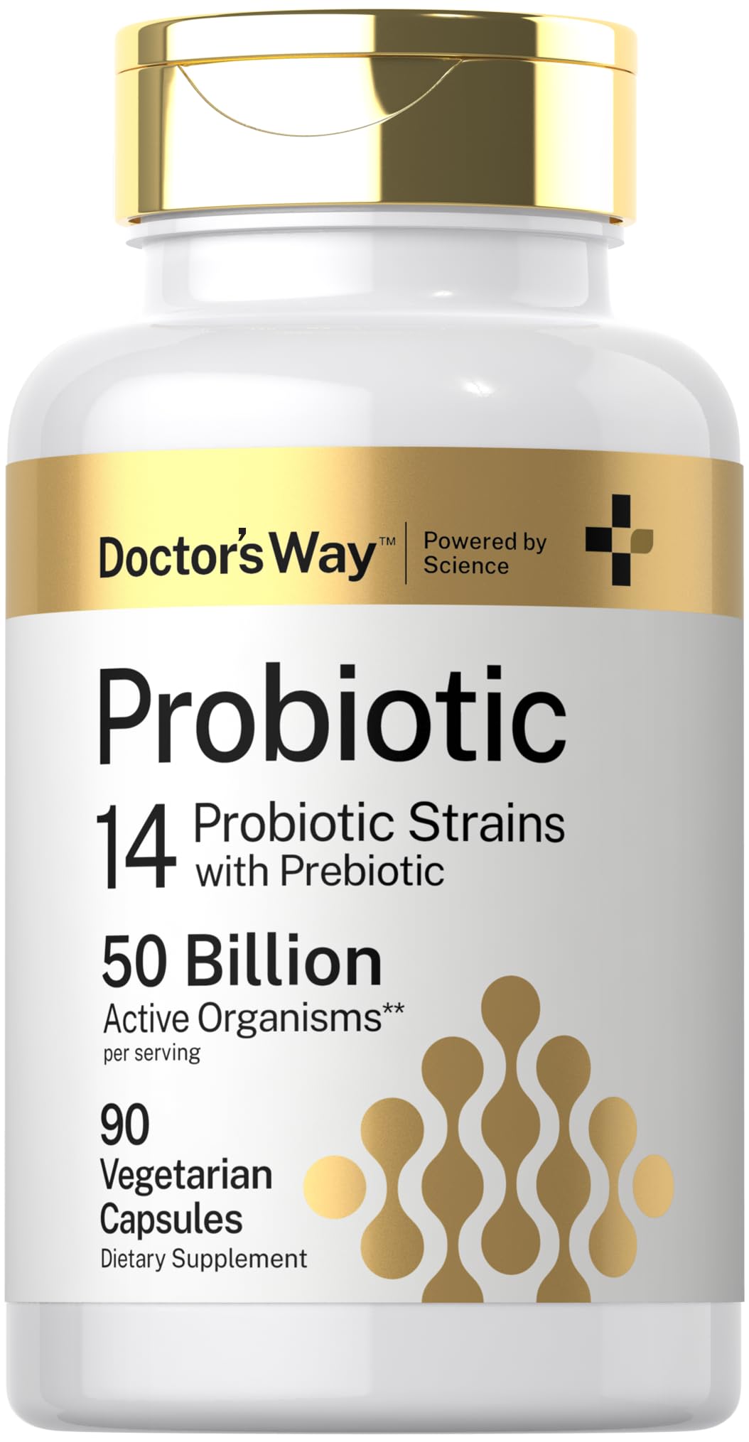 Doctor's Way Probiotic bottle label shows 50-billion CFU for daily gut support