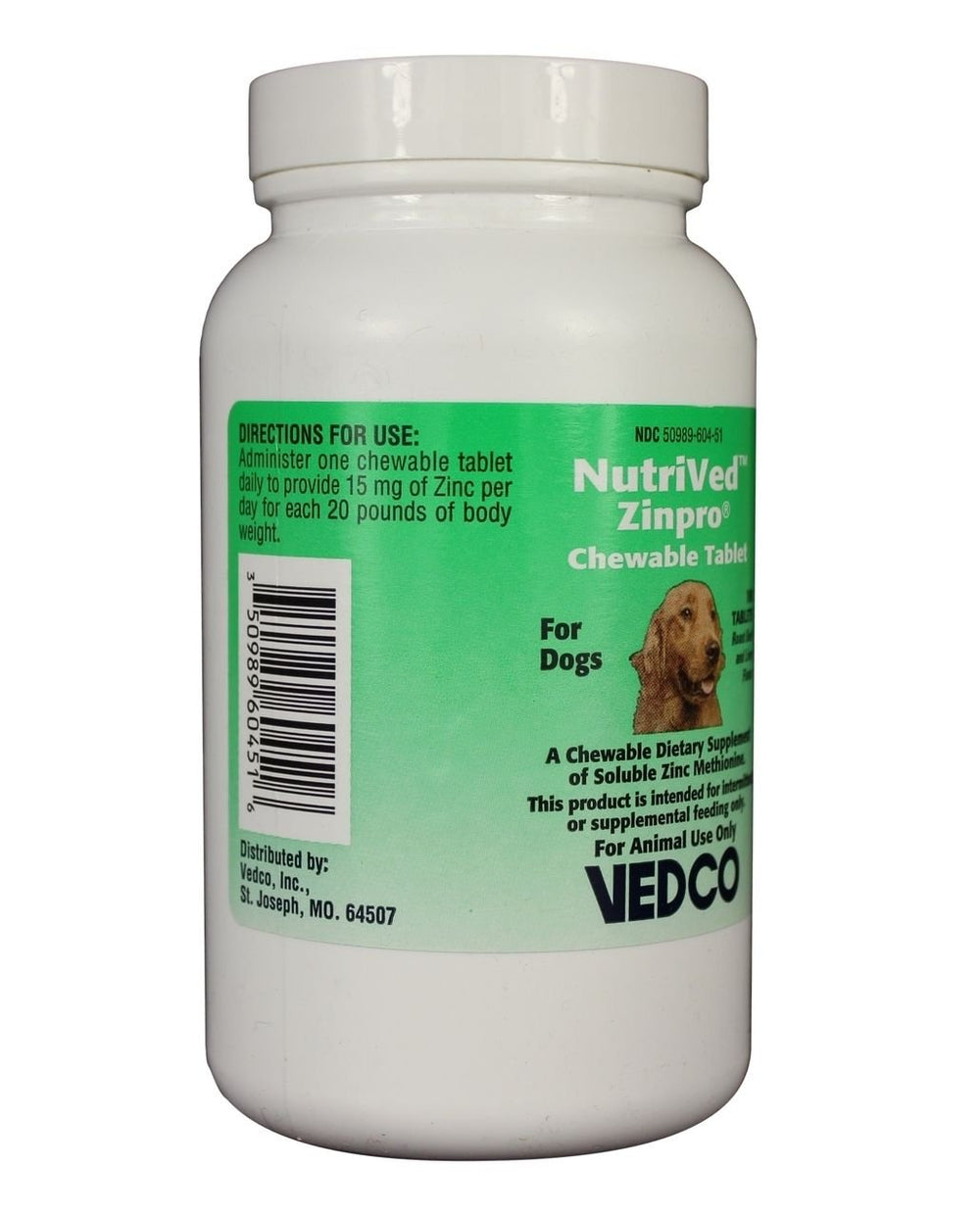 NutriVed ZinPro chewable tablets in dish showing convenient daily zinc support for dogs
