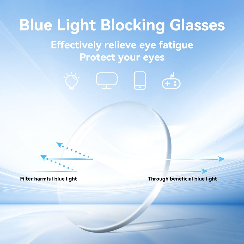 Model wearing Dollger blue light glasses while working on a laptop to reduce eye strain.