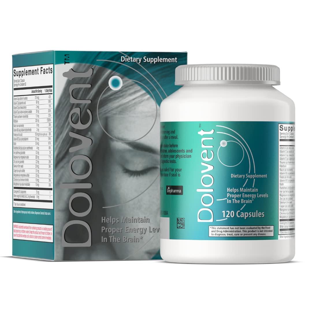 Dolovent migraine relief bottle with capsules for daily brain health support.