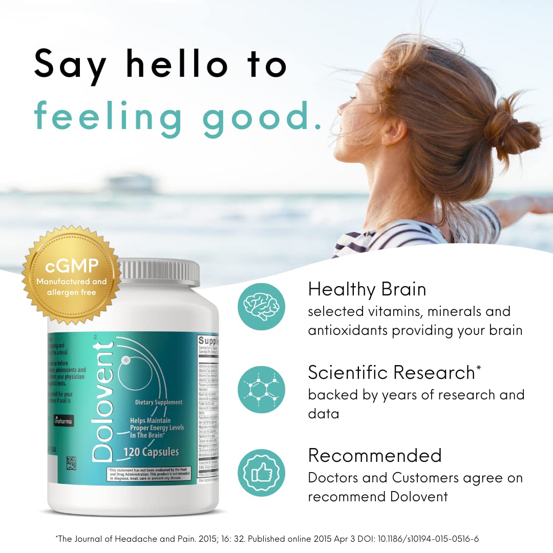 Dolovent packaging box emphasizes convenient all-in-one migraine support.