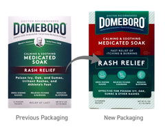 Domeboro powder dissolving in water to calm irritation before a soak.