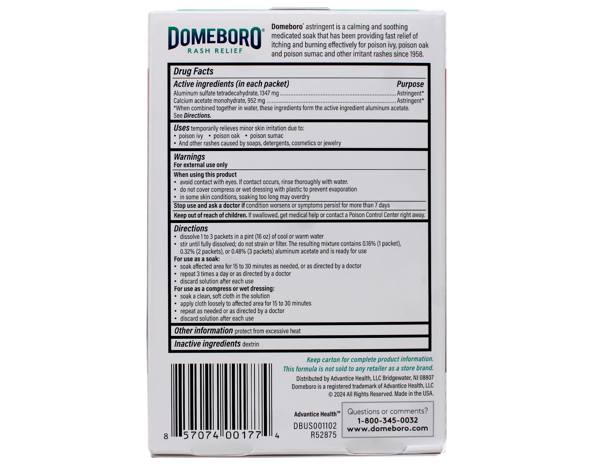 Domeboro powder packet close-up ready to dissolve for soothing skin