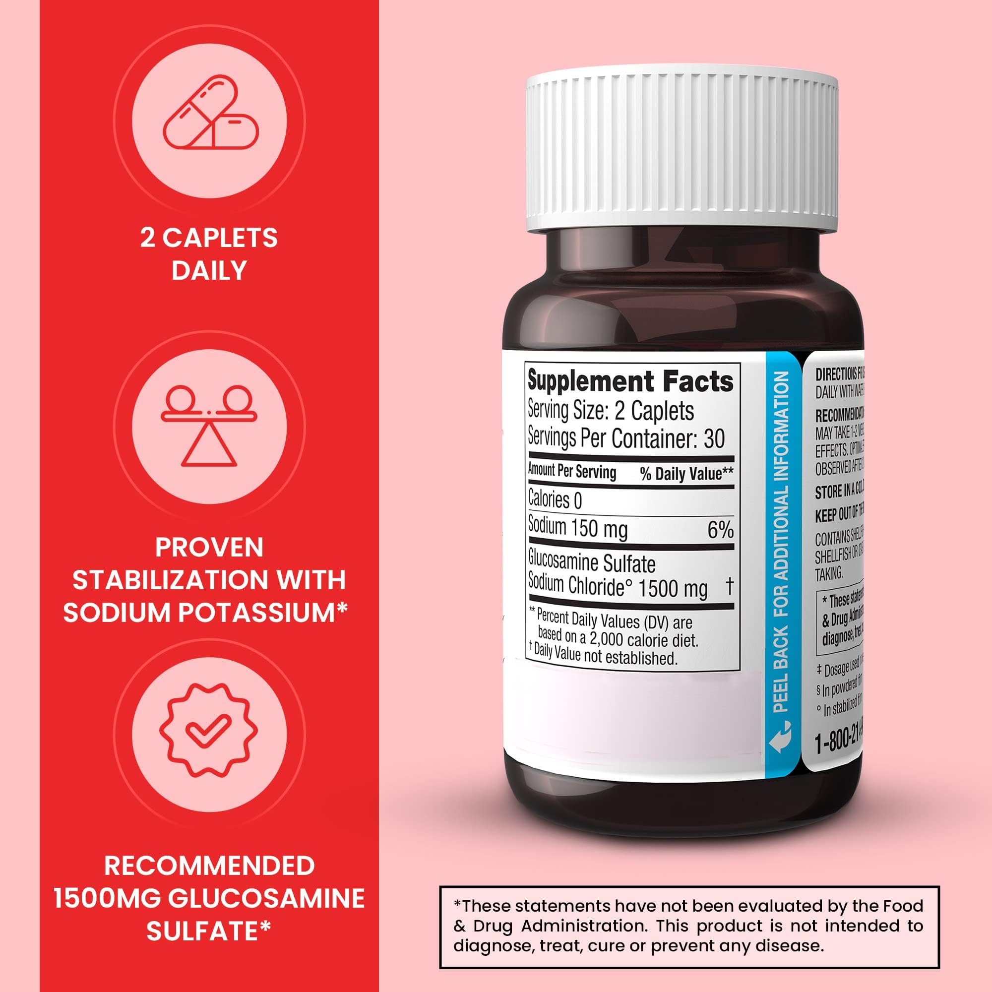 Dona Crystalline Glucosamine Sulfate tablet closeup shows 750 mg dosage for joints