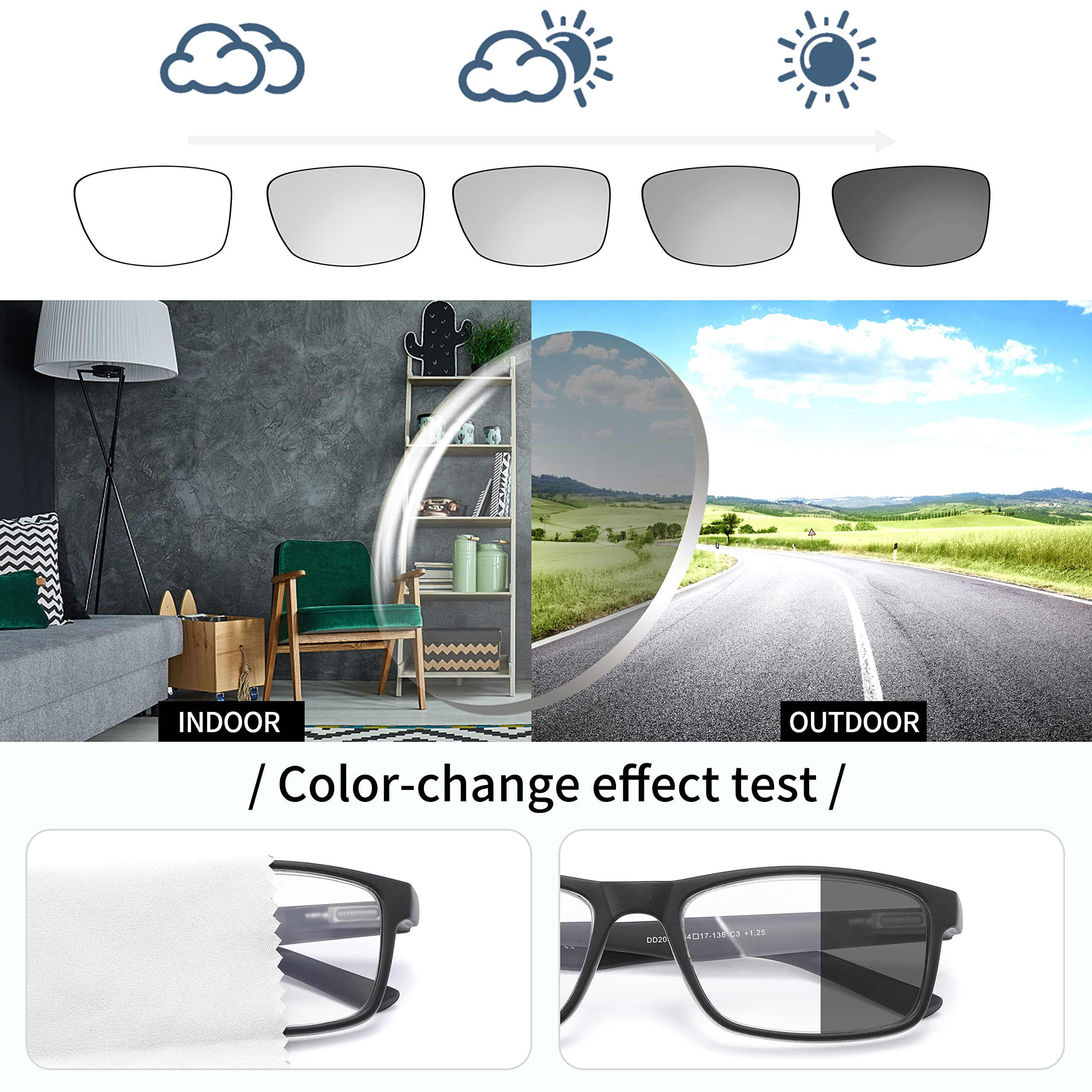 DONGDI photochromic indoors-outdoors lenses adapt to light for seamless eye protection.