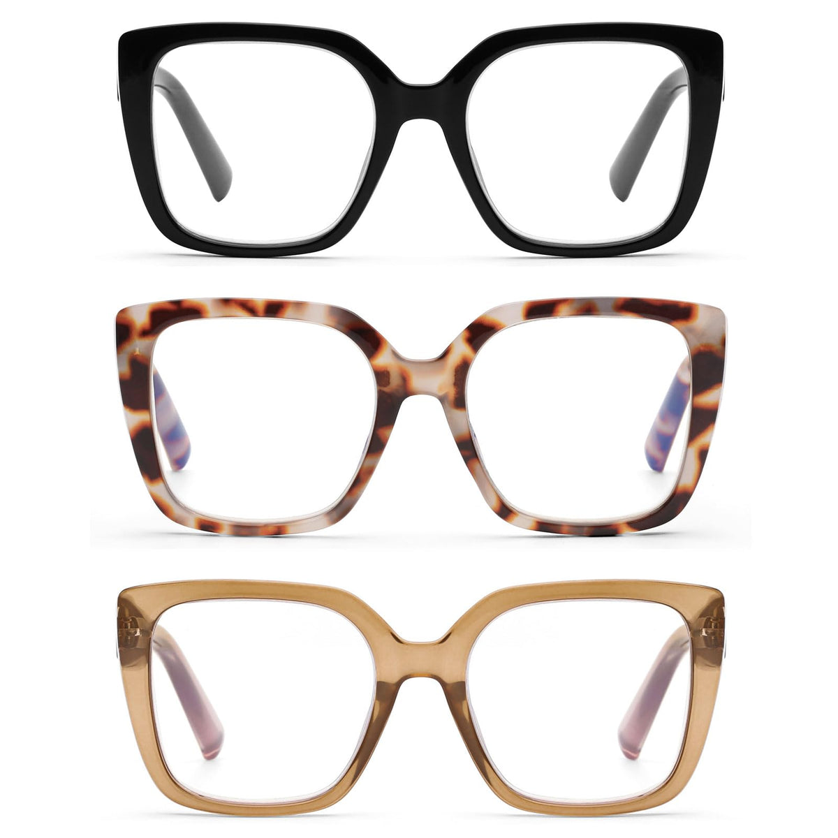 DOOViC 3-pack oversized reading glasses front view with blue light protection