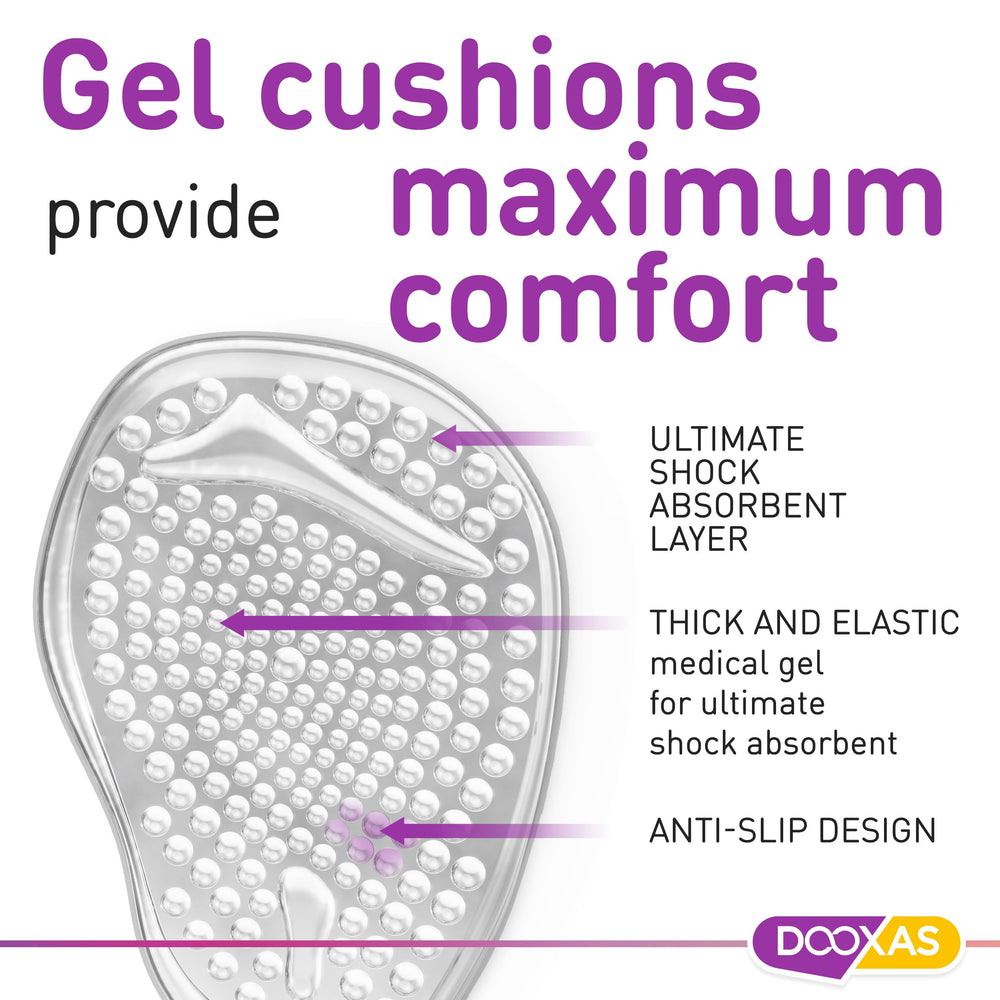 Close-up of DOOXAS gel texture highlights targeted pressure distribution under metatarsal heads.