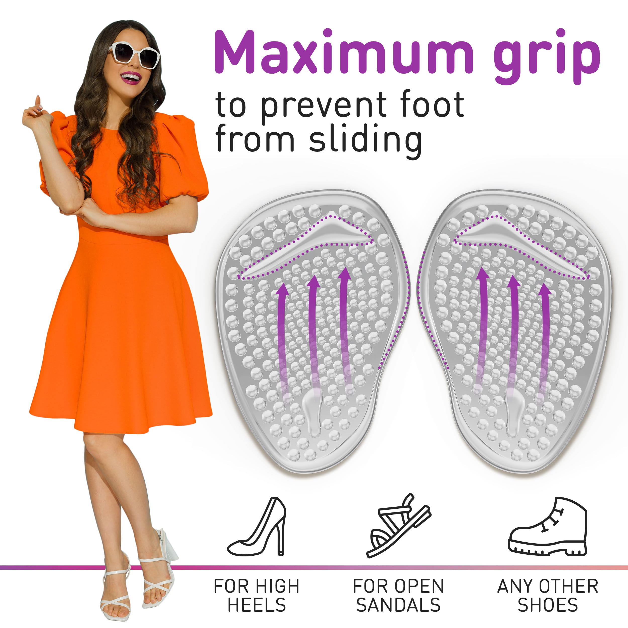 DOOXAS cushions inside a high heel demonstrate enhanced metatarsal support.