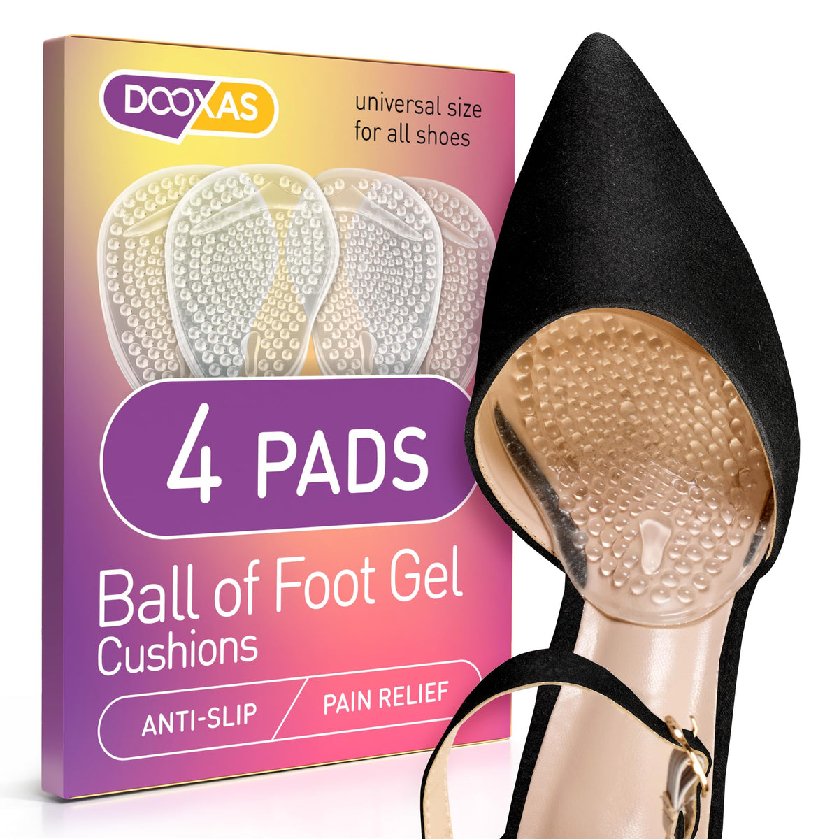 DOOXAS ball of foot cushions packaging front showcases compact comfort for busy days.