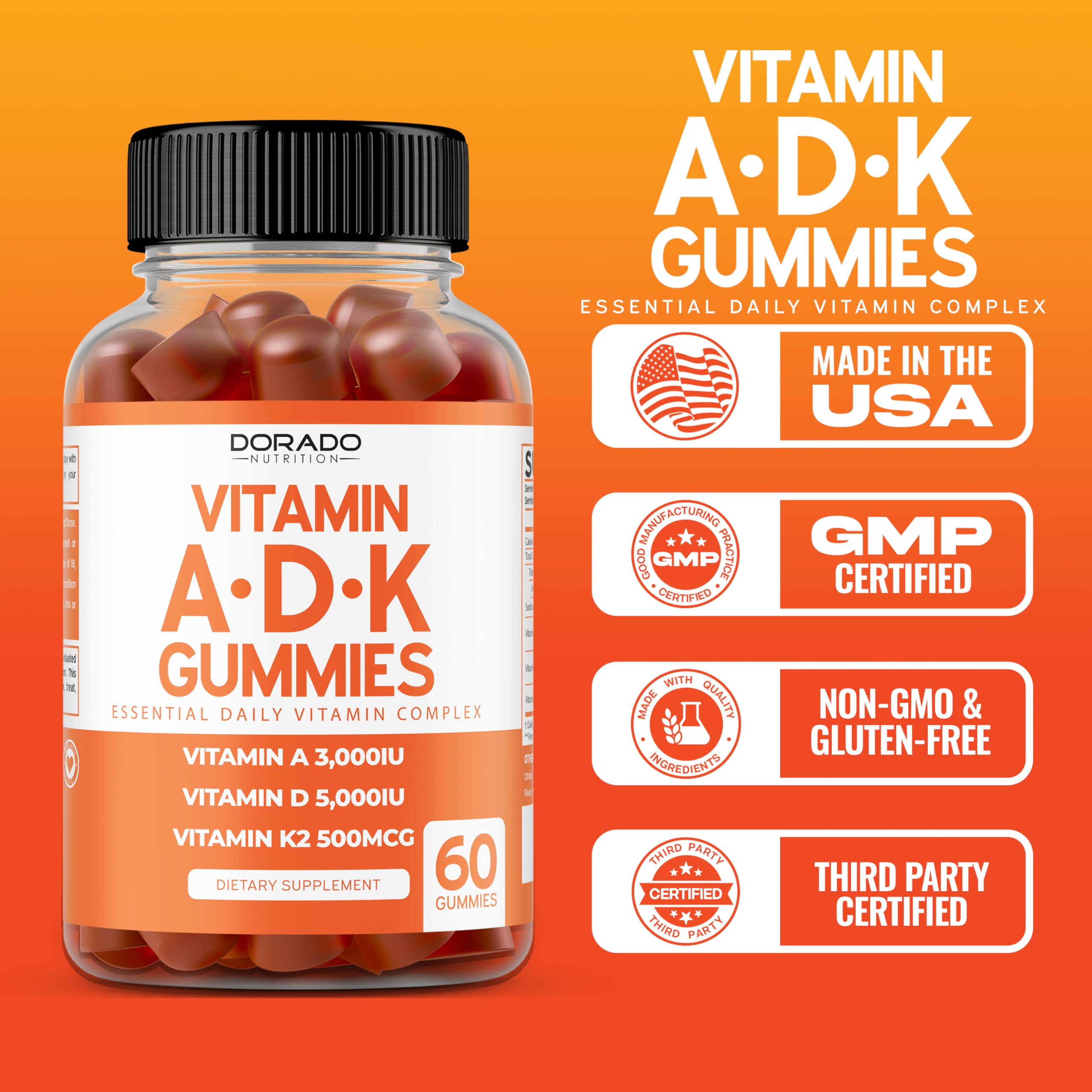 USA-made ADK Gummies label with purity testing stamp.