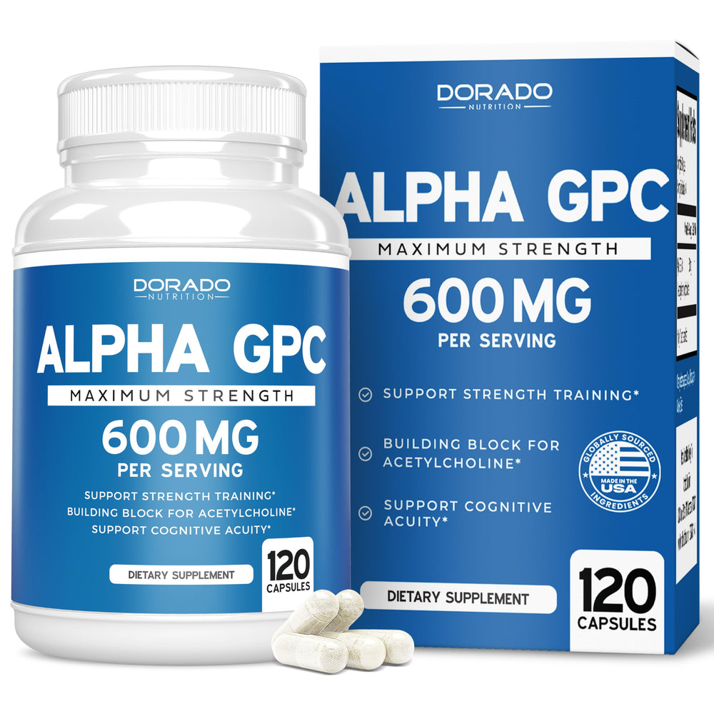 DORADO NUTRITION Alpha GPC bottle cap close-up showing premium packaging and easy daily use for focus