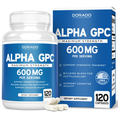 DORADO NUTRITION Alpha GPC bottle cap close-up showing premium packaging and easy daily use for focus