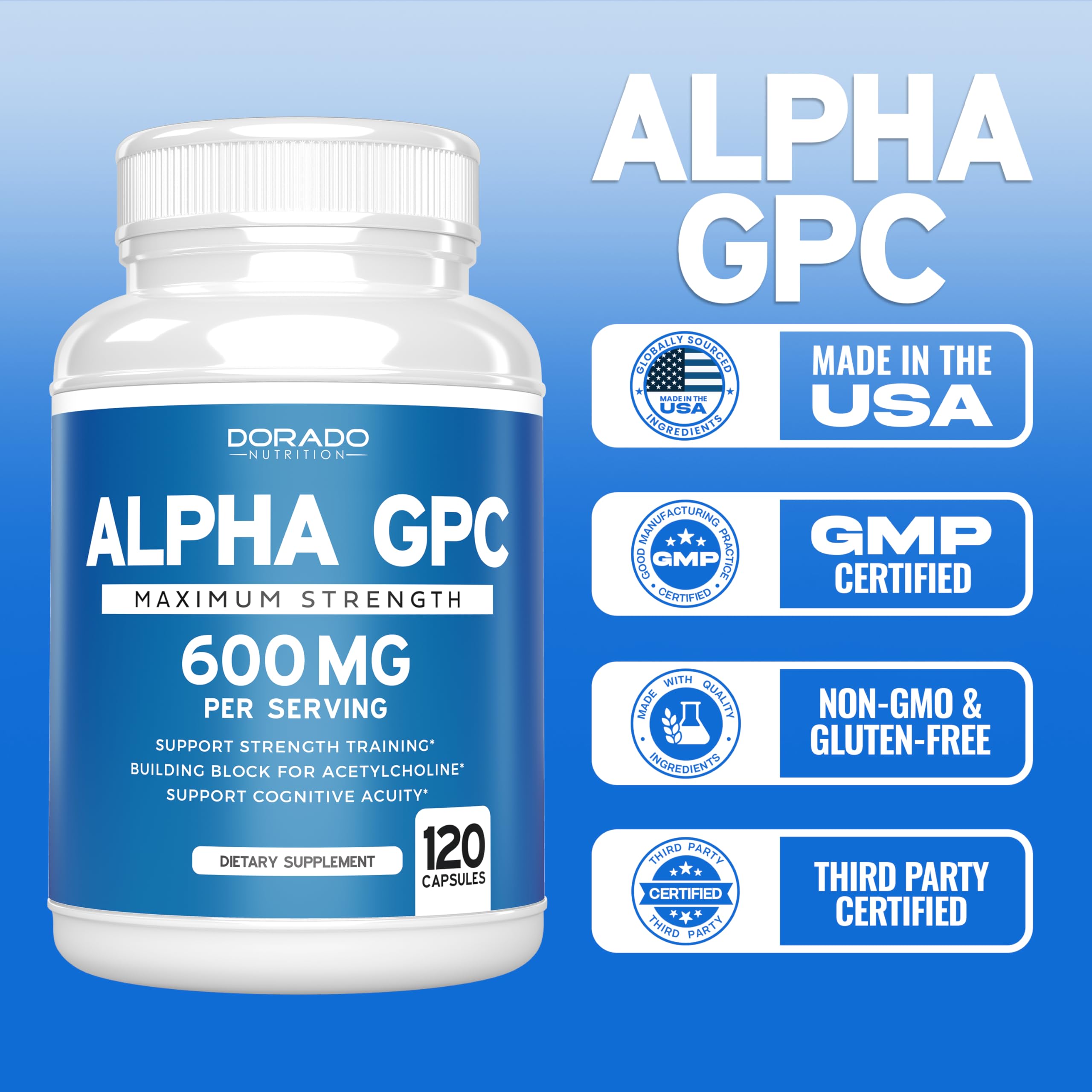 DORADO NUTRITION Alpha GPC made in USA badge reinforces quality and domestic production