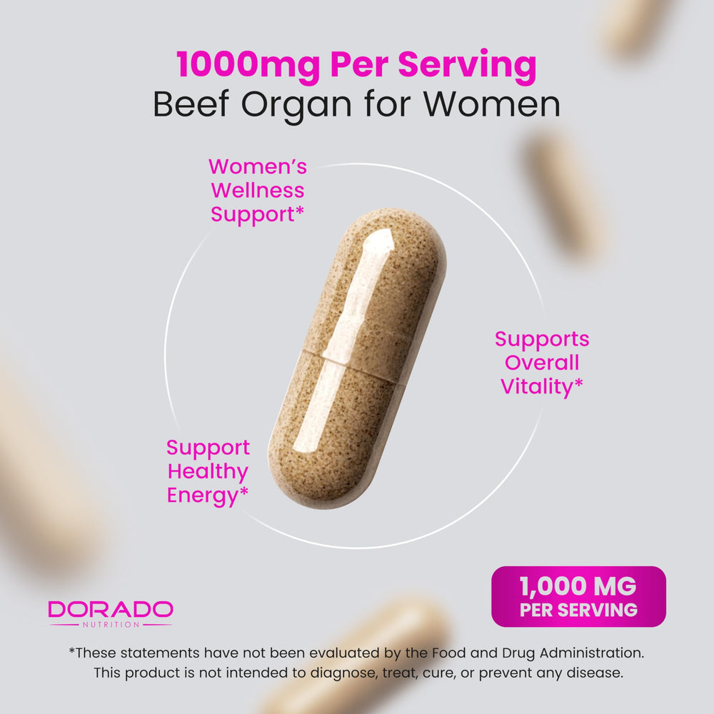 DORADO NUTRITION Beef Organ Women grass-fed ingredients highlight premium sources.