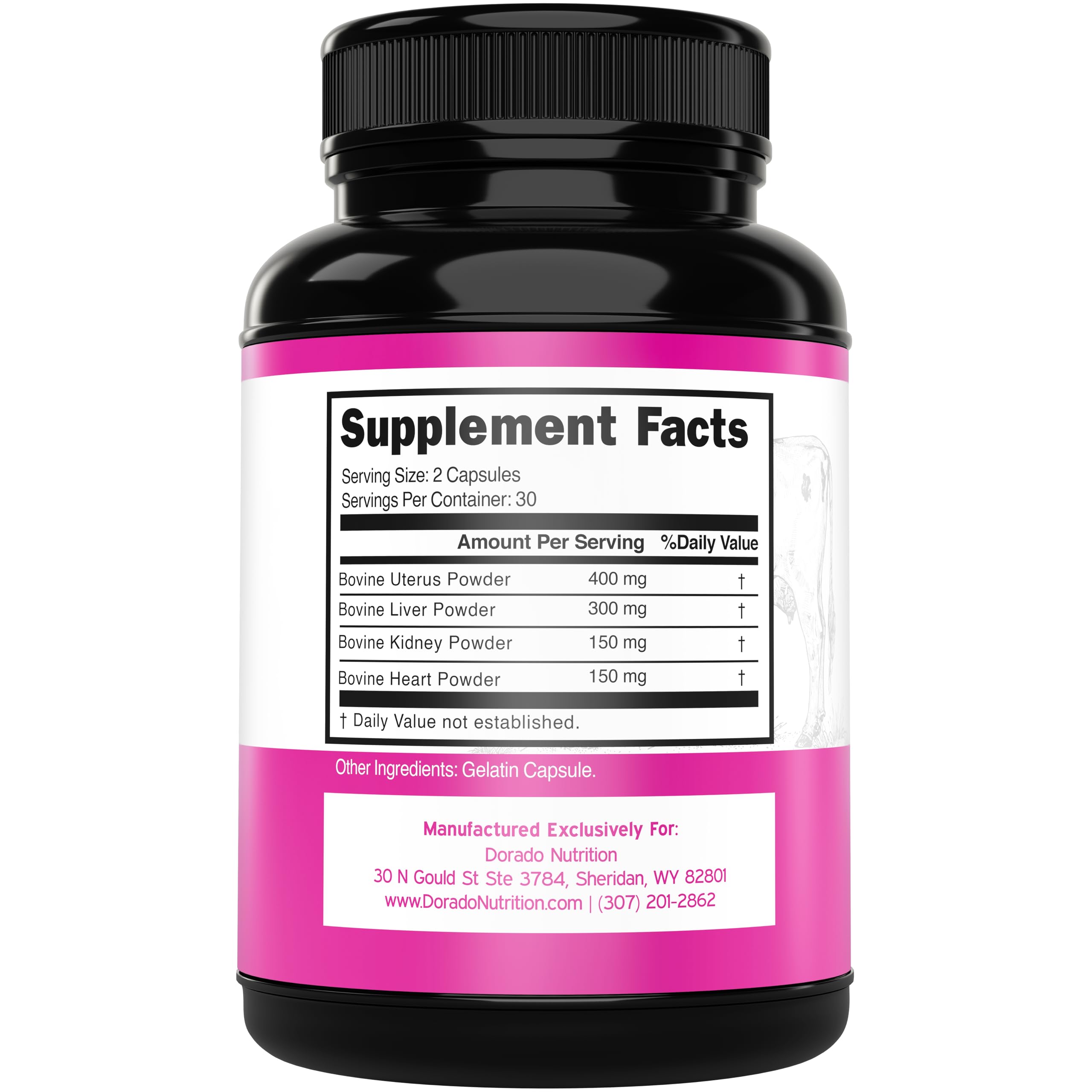 DORADO NUTRITION Beef Organ Women label close-up showing origin and quality.