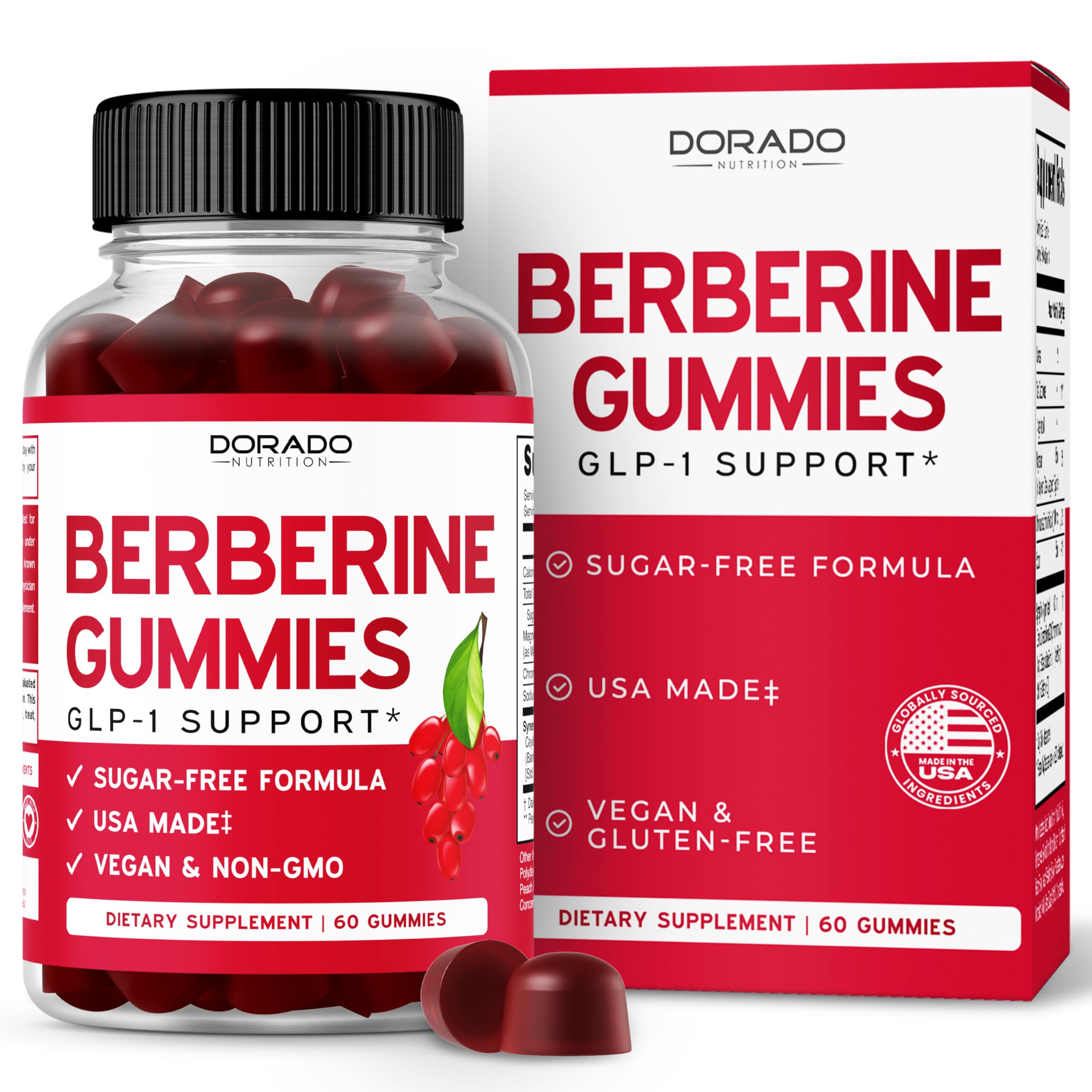 Dorado Nutrition Berberine Gummies Raspberry Peach bottle showing sugar-free daily wellness option.