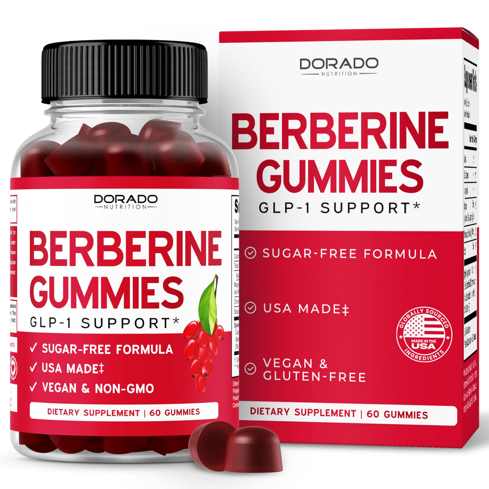 Dorado Nutrition Berberine Gummies Raspberry Peach bottle showing sugar-free daily wellness option.
