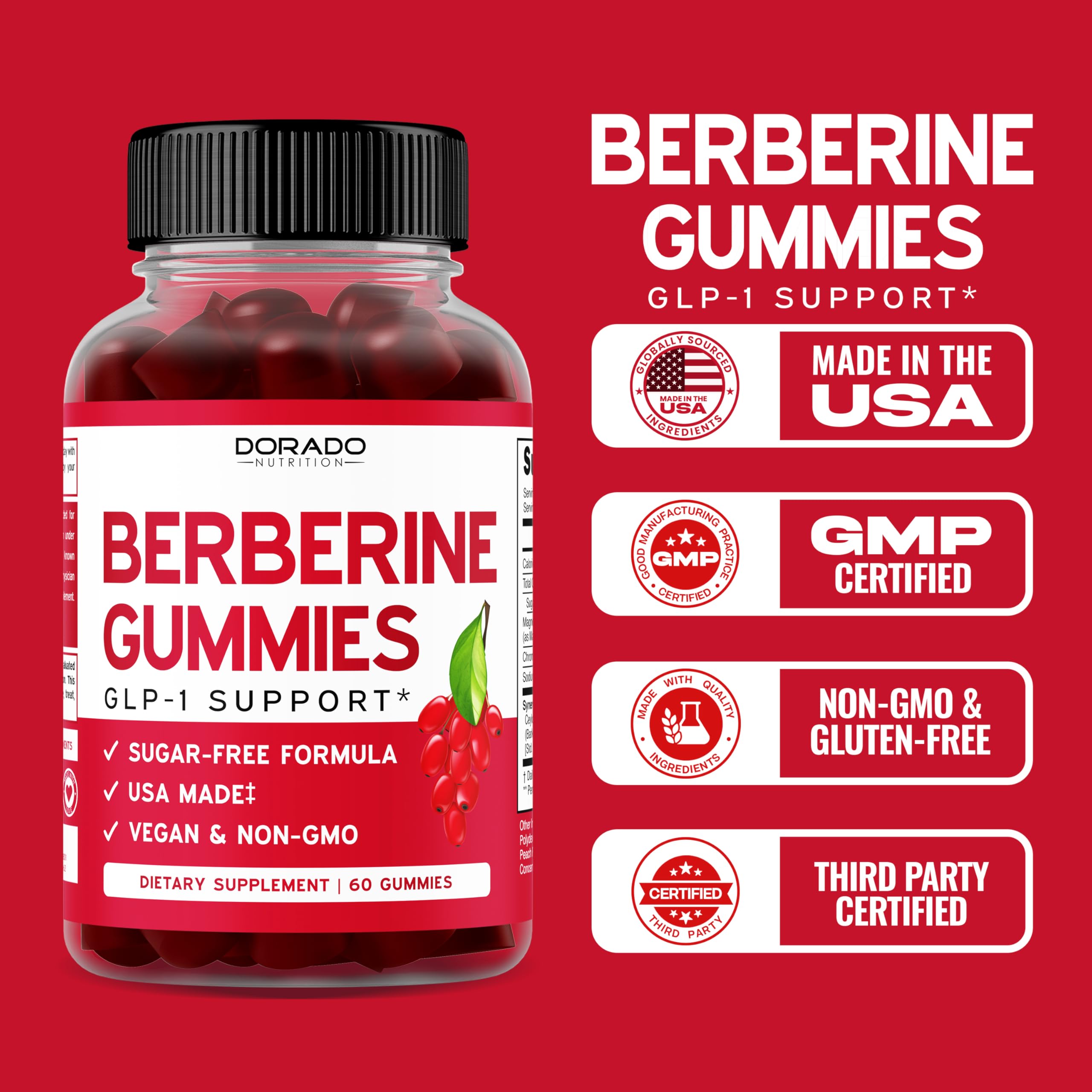 Dorado Nutrition Berberine Gummies USA-made label signals quality and local production.