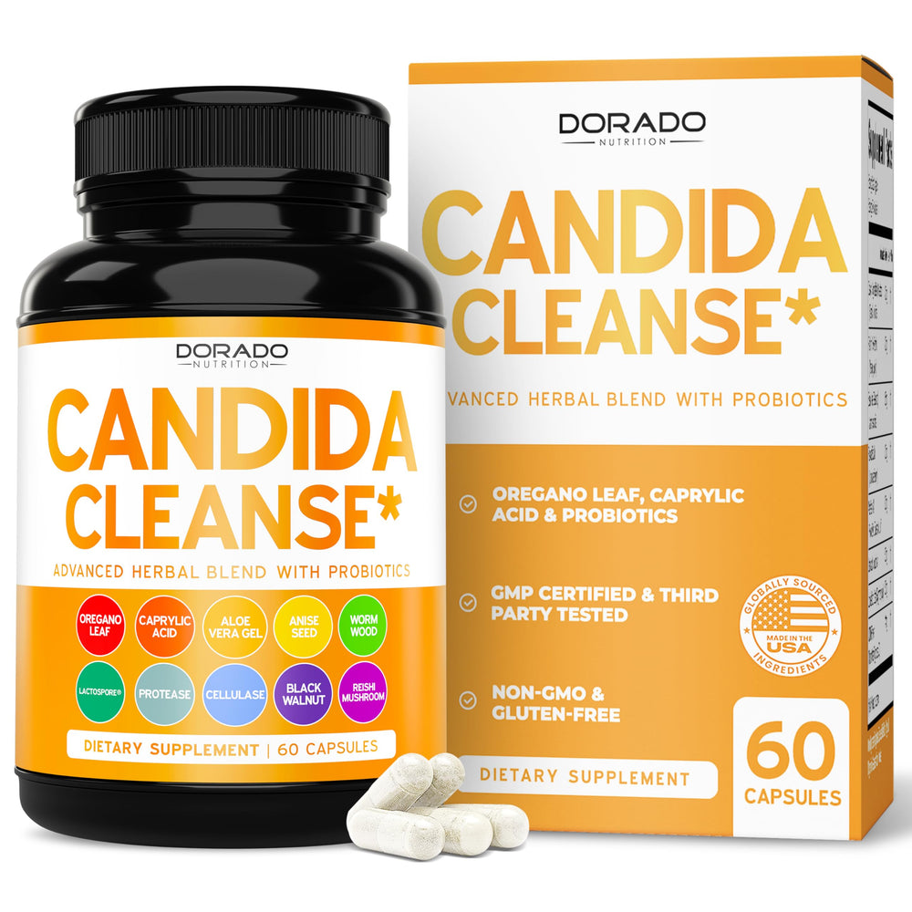 Dorado Nutrition Candida Cleanse Detox, botella de cápsulas para bienestar digestivo
