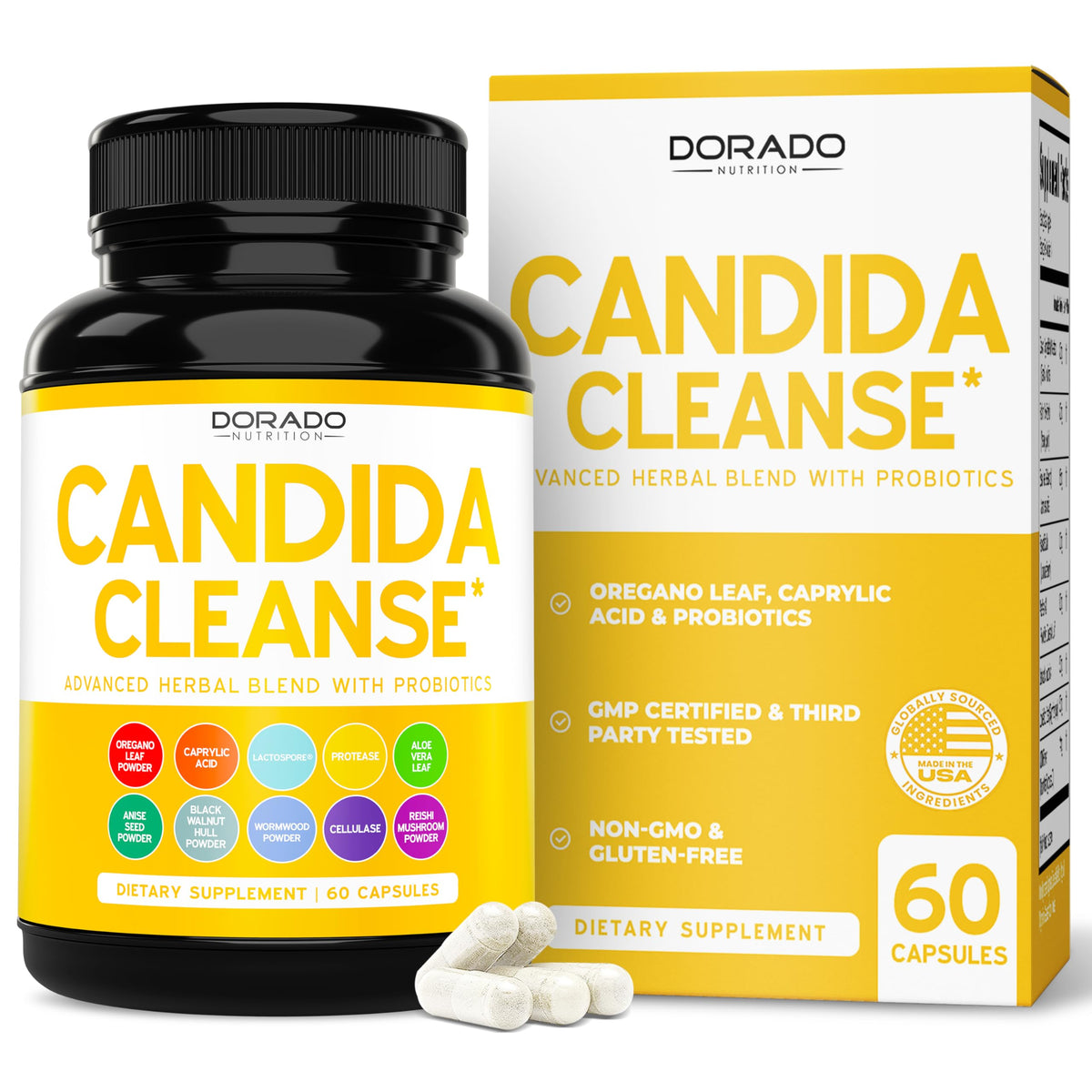Dorado Nutrition Candida Cleanse Detox bottle shows the 11-in-1 formula for digestive balance.