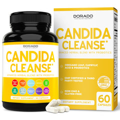 Dorado Nutrition Candida Cleanse Detox bottle shows the 11-in-1 formula for digestive balance.