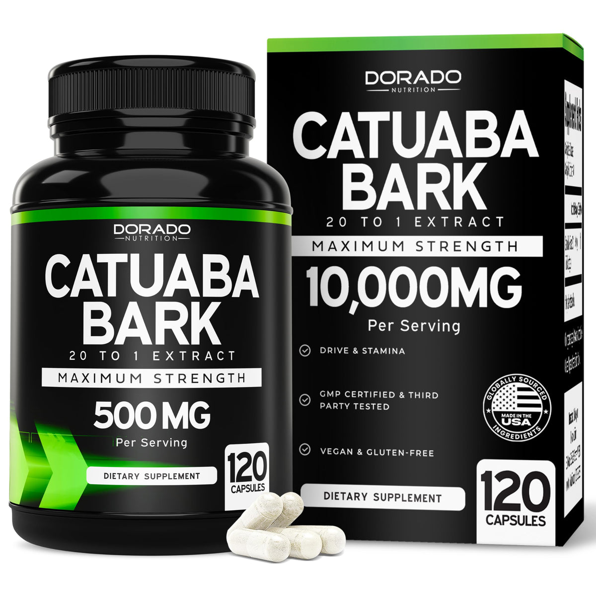 Dorado Nutrition Catuaba Bark Extract bottle on desk, supporting daily stamina
